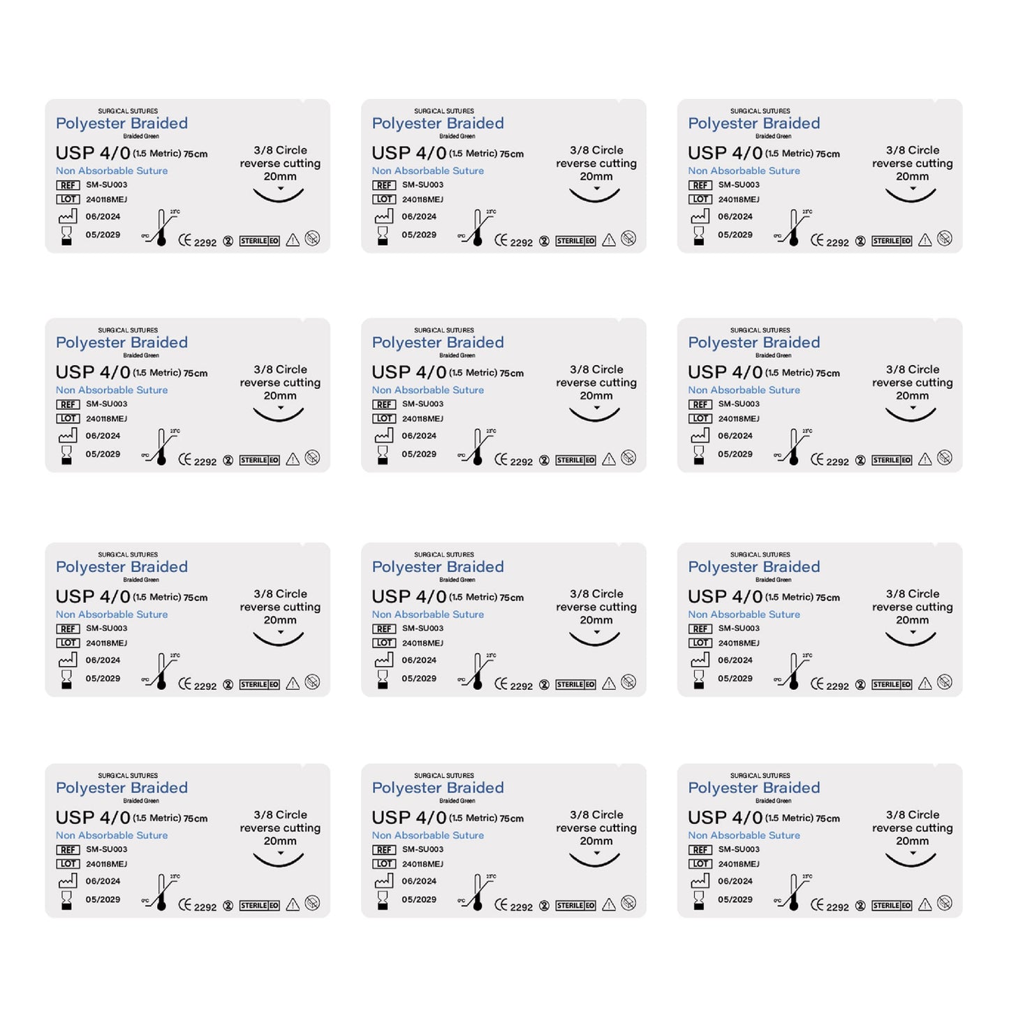 12 packages of surgical sutures with labels on a white background