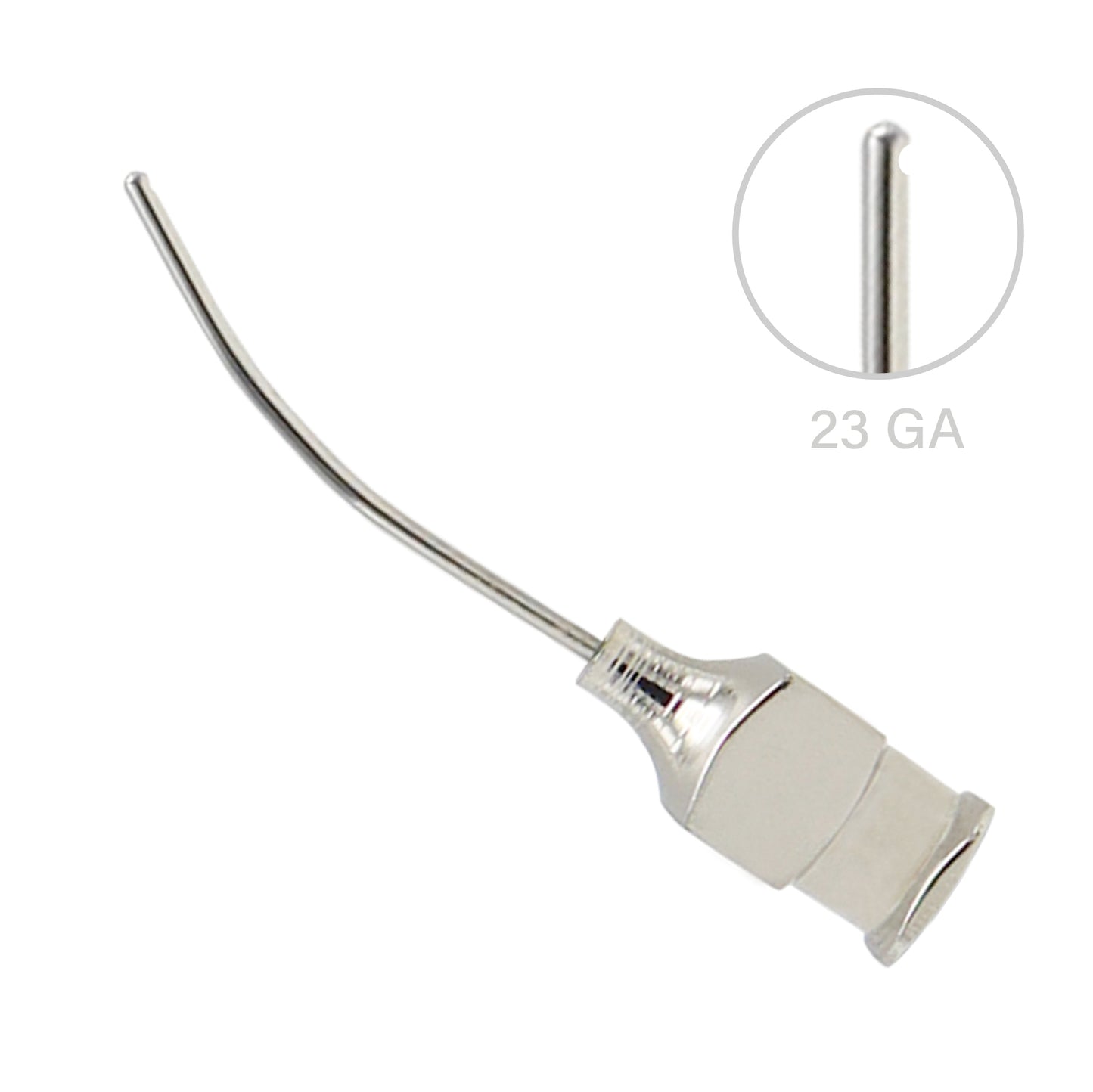 Reusable 23 Gauge stainless steel curved surgical cannula featuring a standard luer-lock hub connector and a detailed profile inset showcasing the tip geometry.