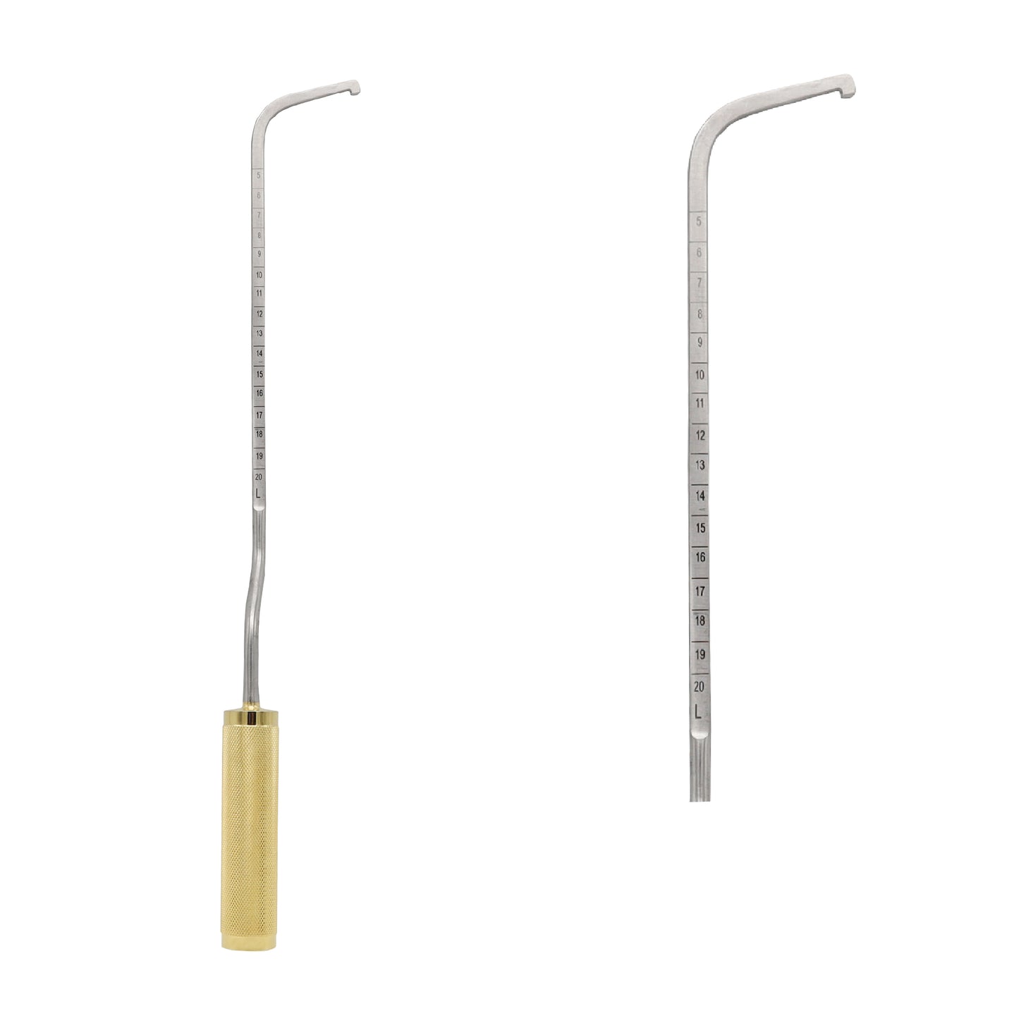 A medical Agris Dingman breast dissector with a long stainless steel shaft, a gold textured handle, and numerical measurement markings etched along the side. The instrument features a curved, angulated tip for precise surgical navigation.