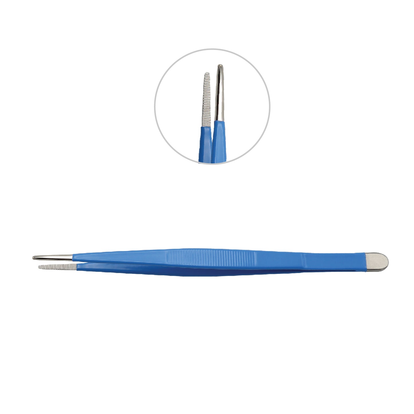 Blue tweezers with a close-up inset showing the metal tips on a white background