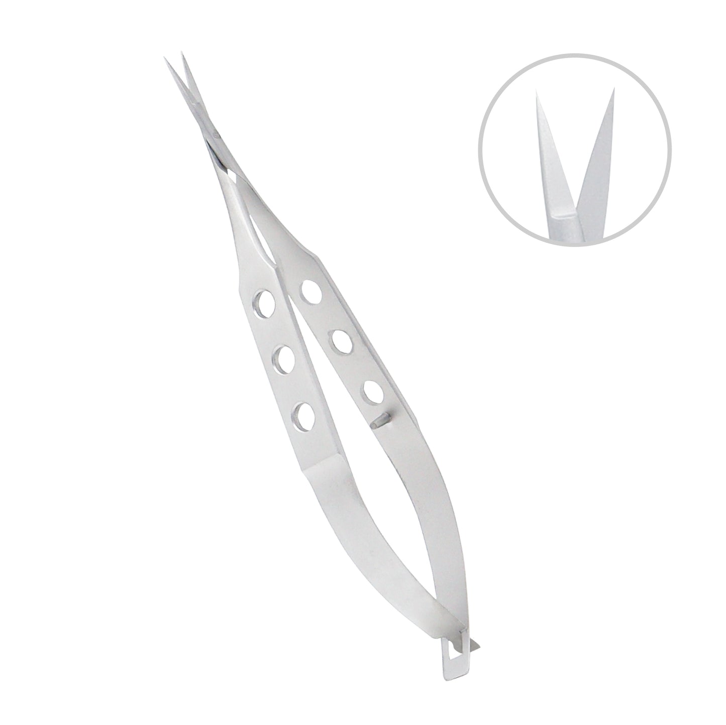 Stainless steel Corneal Scissors Universal straight pointed overall length 10.5 cm used in ophthalmic surgery.
