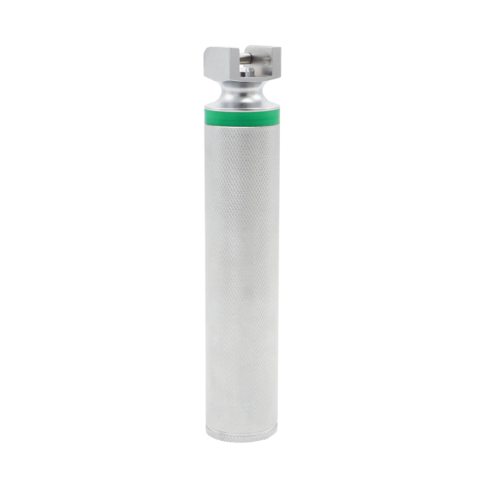 Cylindrical metal component with a green band on a white background