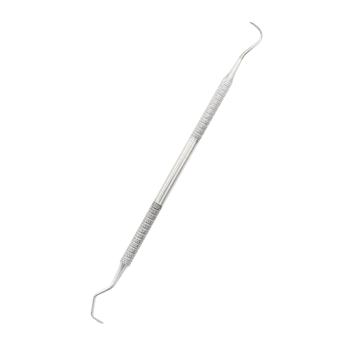 A double-ended stainless steel dental explorer tool with curved, pointed tips and a textured, knurled metal handle for grip, isolated on a white background.