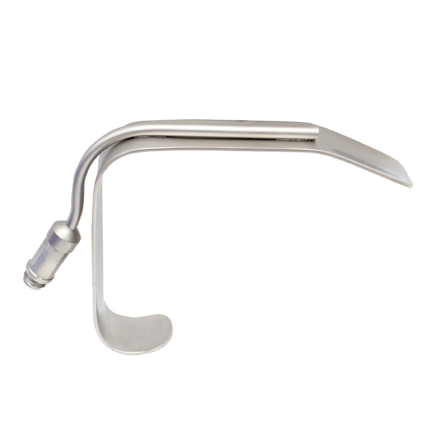 A stainless steel Ferreira face lift retractor featuring a curved right-angled blade and an integrated fiber-optic light carrier for surgical illumination.