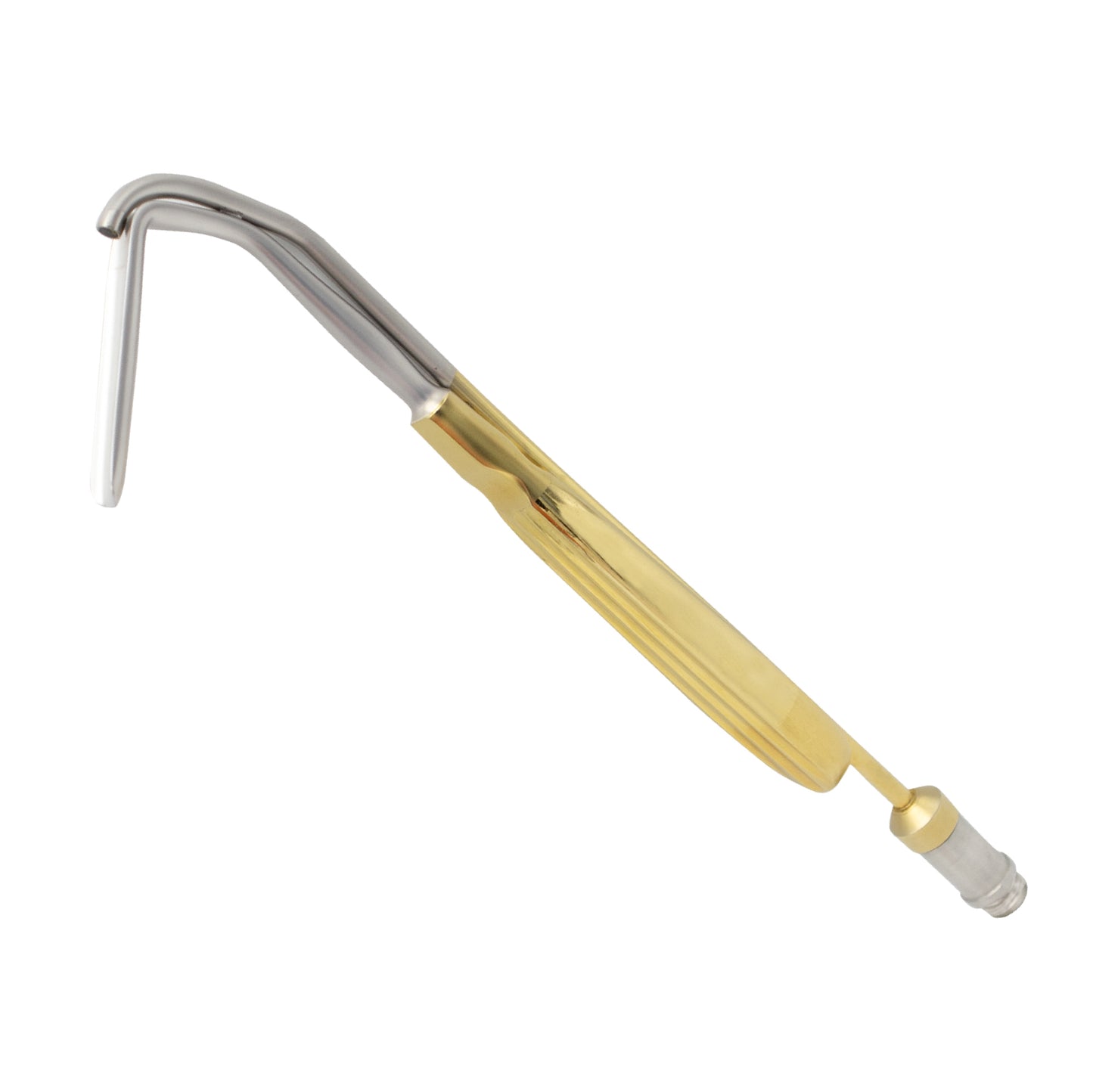 A surgical Aufricht nasal retractor with a curved stainless steel blade, a gold-plated ergonomic handle, and an integrated fiber optic light guide for surgical illumination.