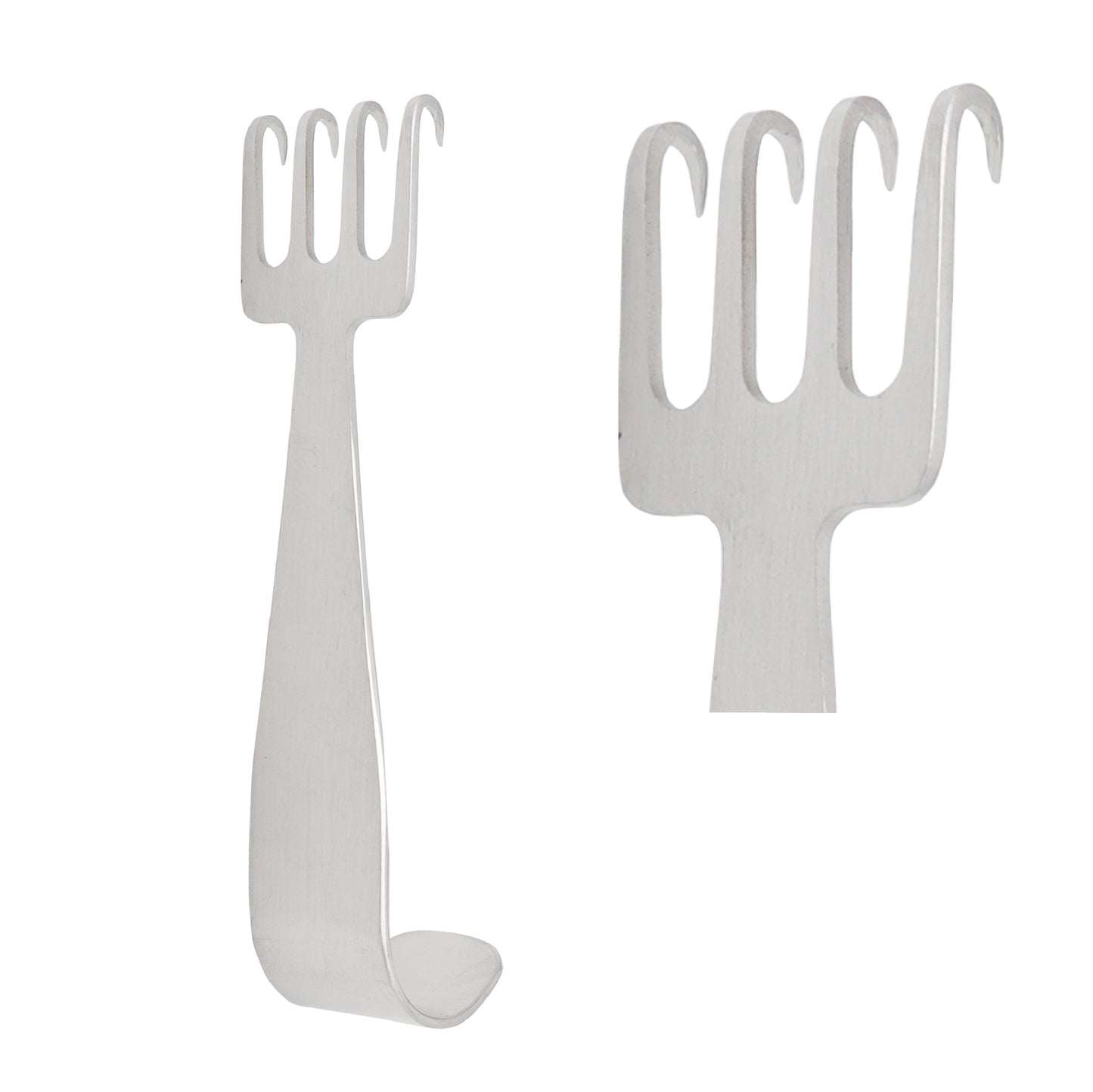 A stainless steel Freeman face lift retractor with four sharp rake prongs and a curved handle designed for surgical tissue retraction.