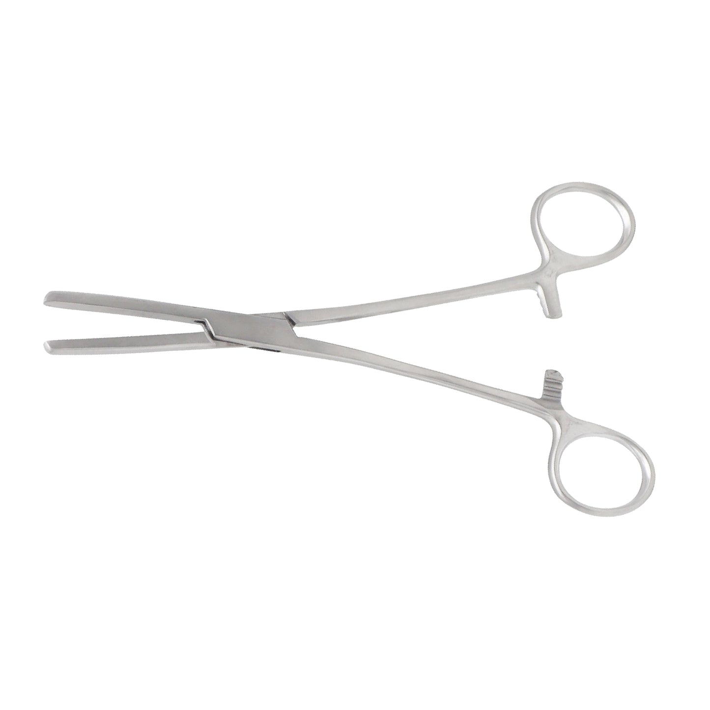 Close-up of 18 cm reusable tube clamp forceps with strong gripping jaws for reliable tubing control in surgical procedures