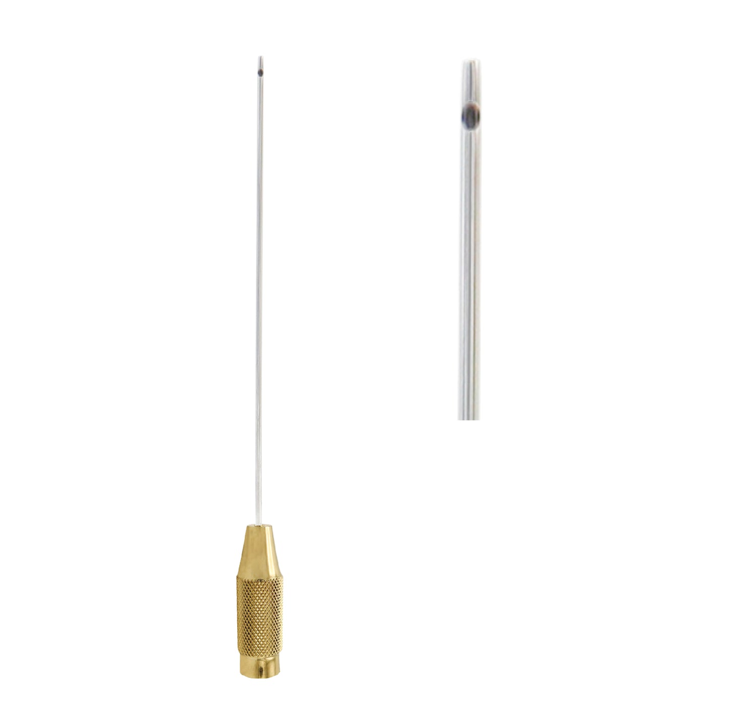 A medical liposuction cannula with a long stainless steel tube, a single central aspiration hole at the tip, and a textured, gold-plated knurled handle designed for threaded connection to a suction device.
