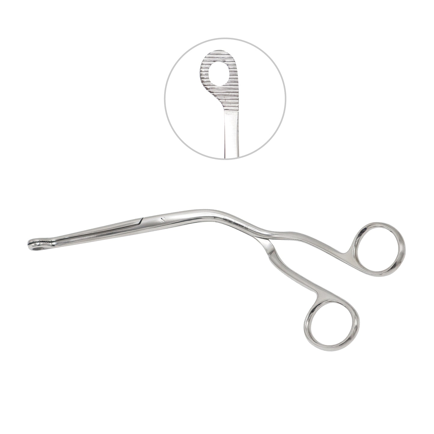 Stainless steel Magill catheter introducing forceps with a unique knee-bent angled shaft and circular serrated loop jaws for airway management.
