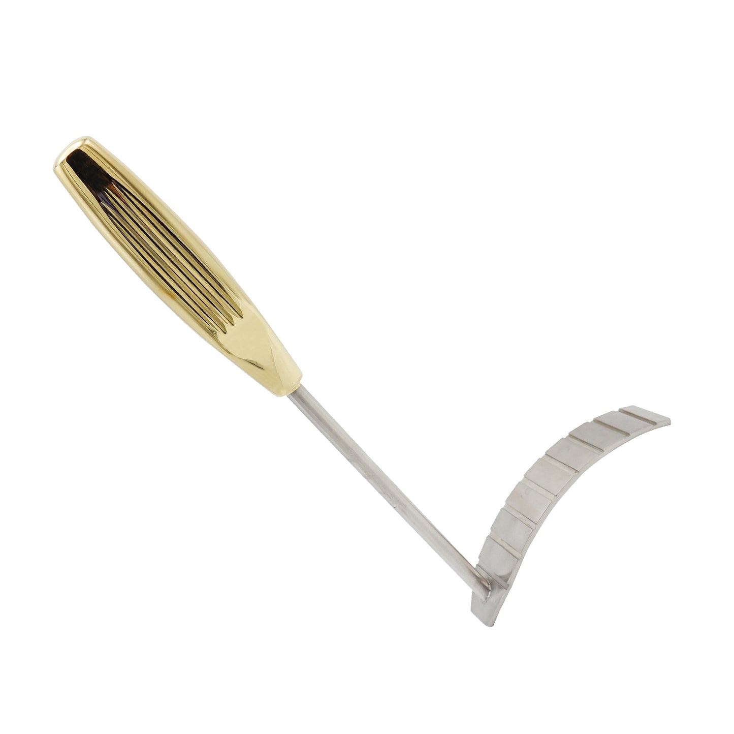 A Marx breast retractor with a gold-colored ribbed handle and a curved, serrated stainless steel blade, used in mammoplasty surgical procedures.