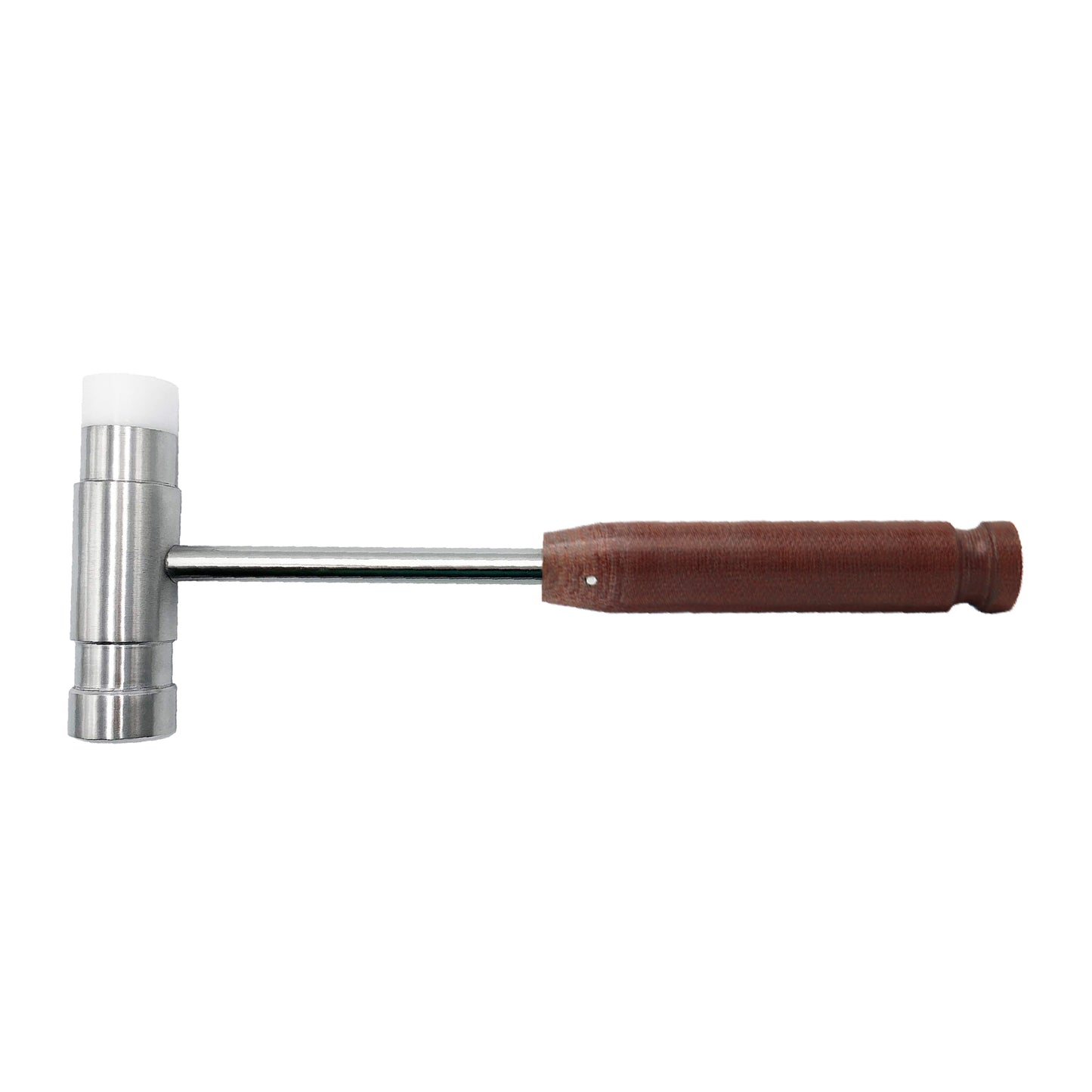 Metal mallet with a brown handle on a white background