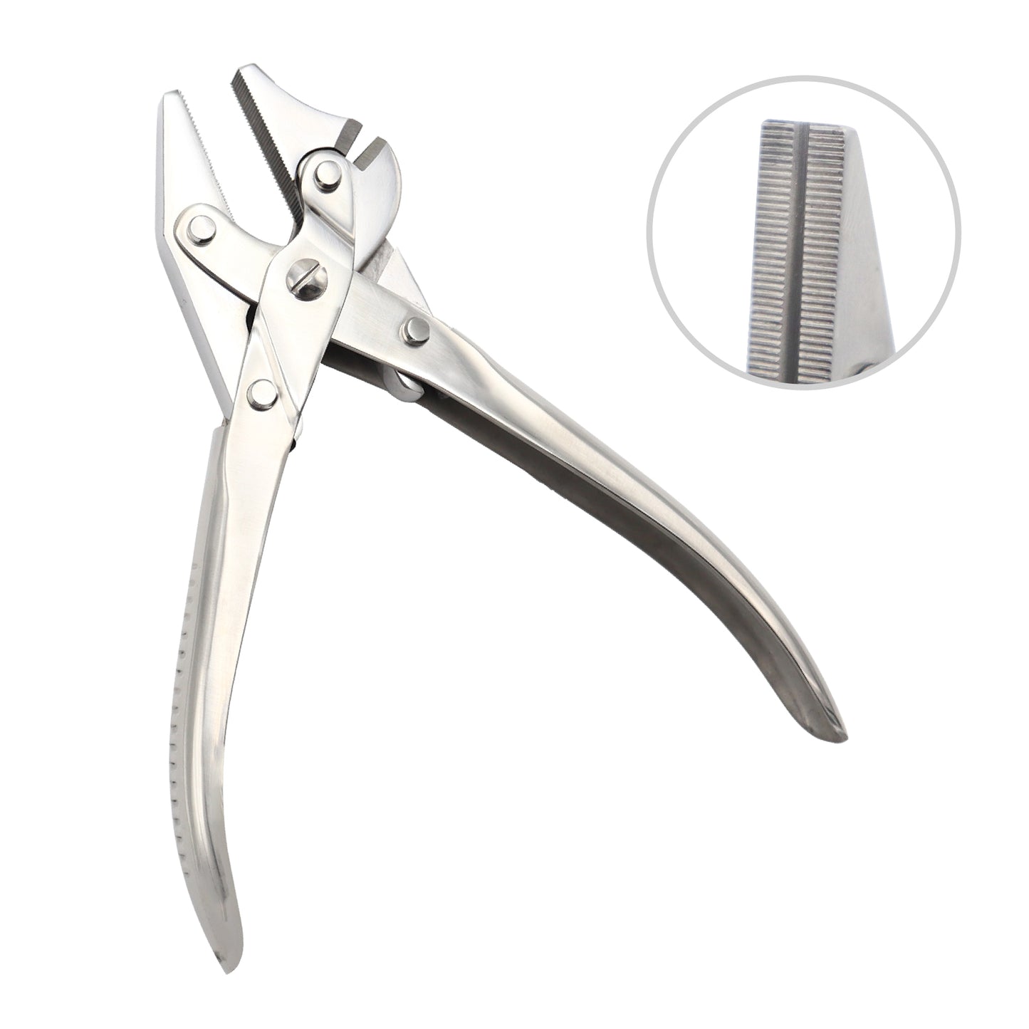 Metal plier with a close-up inset of a comb on a white background