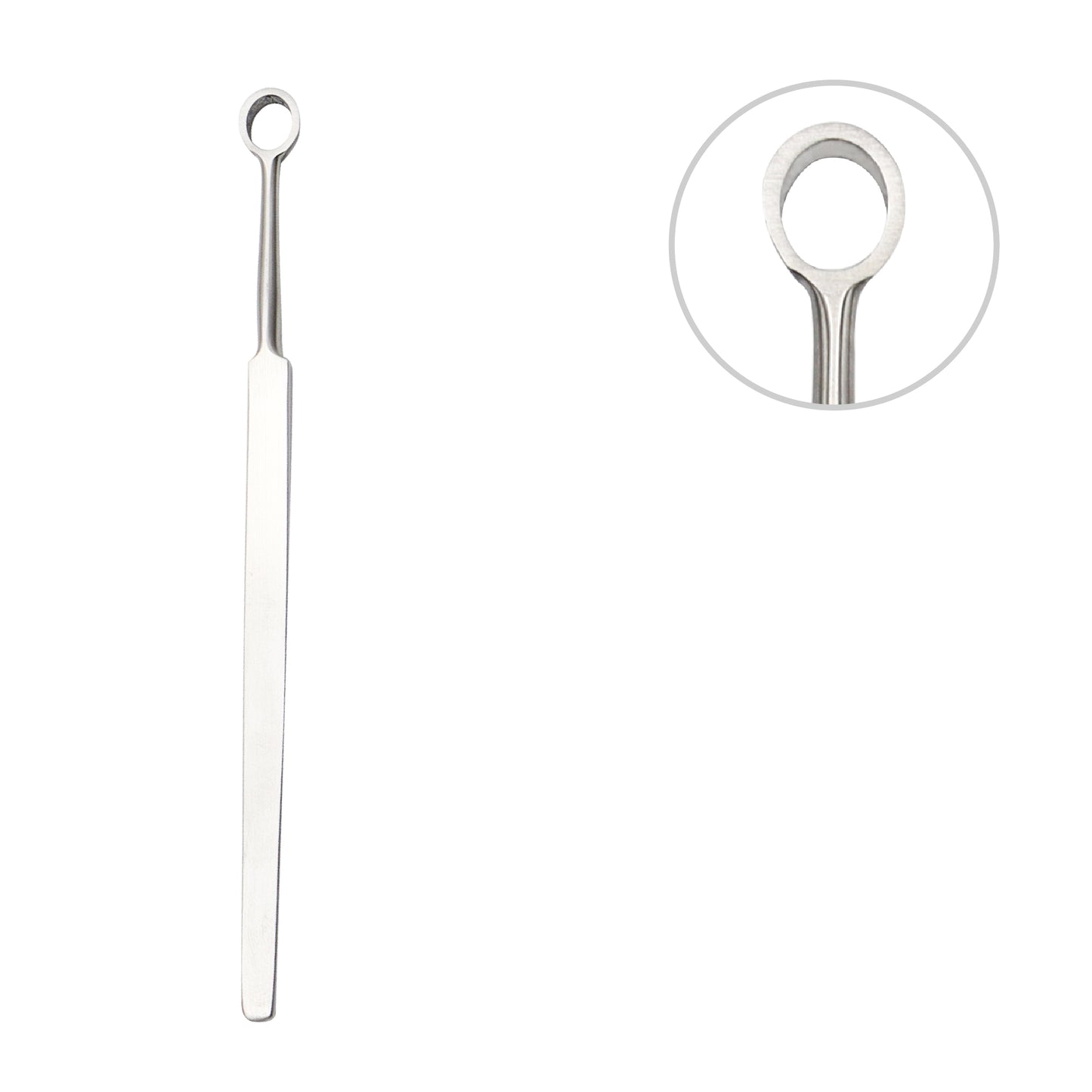 Metal tool with a long handle and curved end on a white background