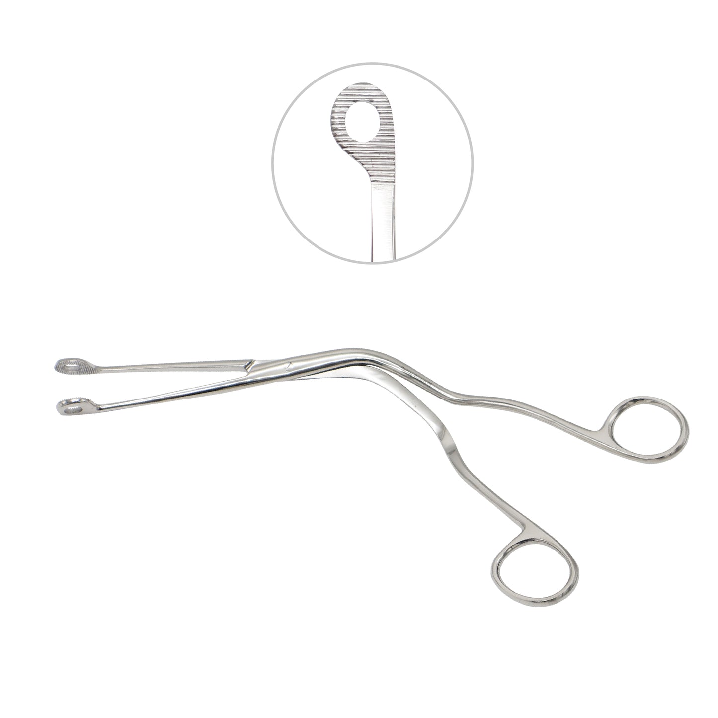 Metallic forceps with a close-up inset on a white background