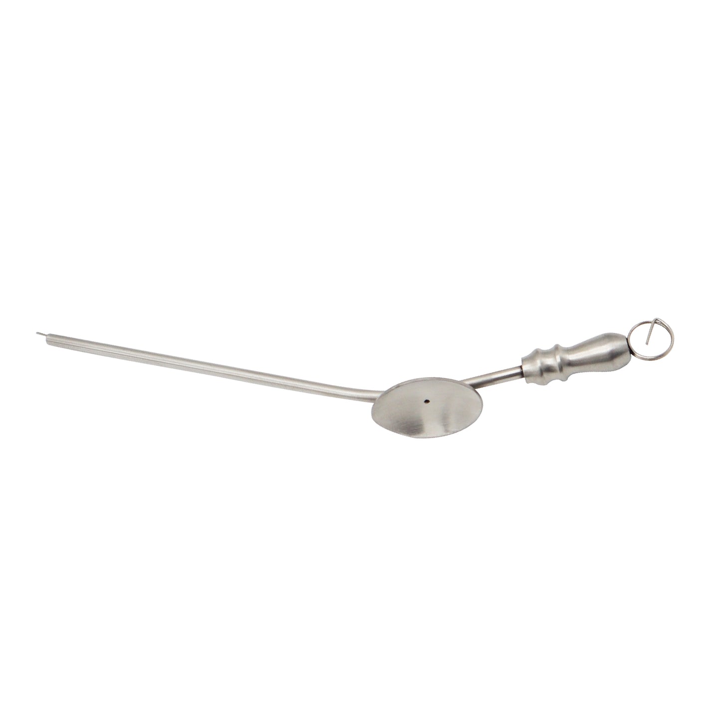 Metallic skewer with a thermometer on a white background