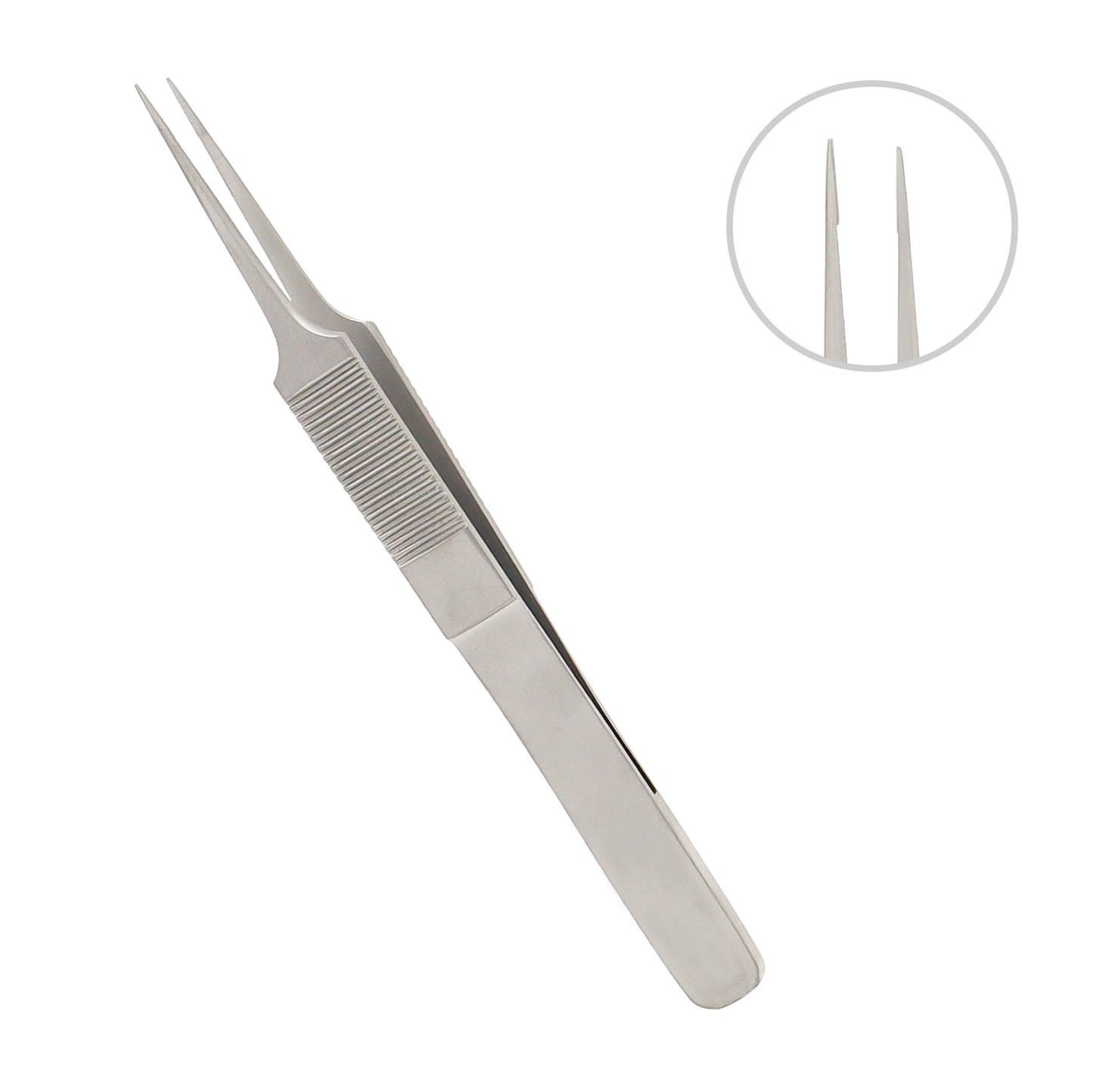 Stainless steel tying jewelers forceps, 11.5 cm overall length, 7.5 mm platform, used for precise control in ophthalmic microsurgery