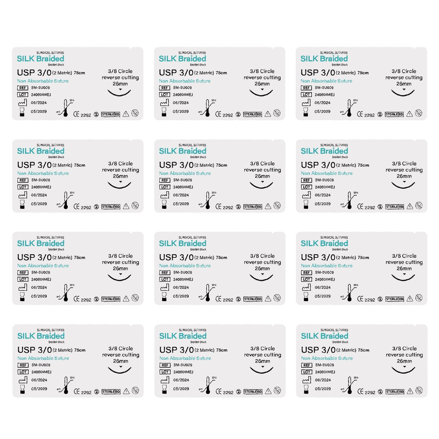 Multiple packages of Silk Braided sutures on a white background