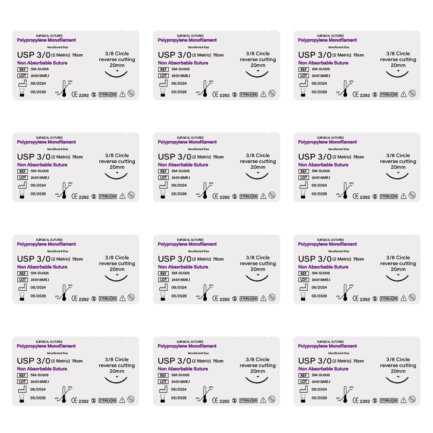 Multiple packages of surgical sutures with labels on a white background