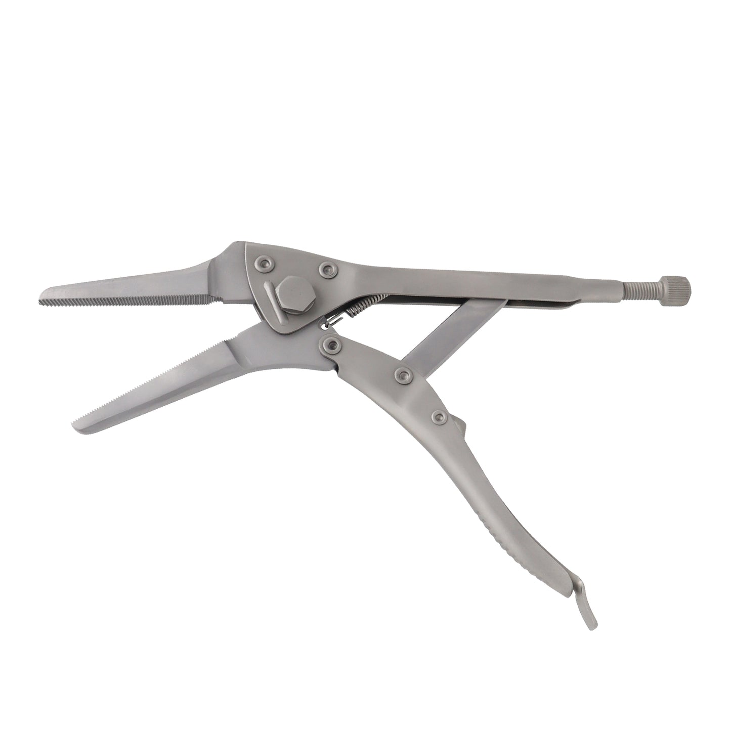 Surgical-grade stainless steel needle nose locking pliers for orthopedic surgery, featuring a long, slim jaw and a manual locking screw mechanism.