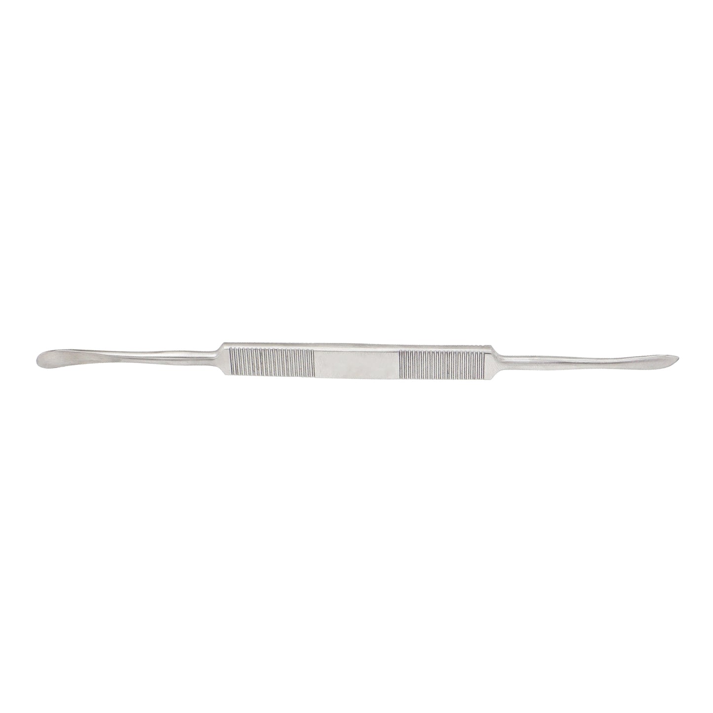 Front view of a double-ended stainless steel OHL periosteal elevator surgical instrument with a ribbed handle on a solid white background.