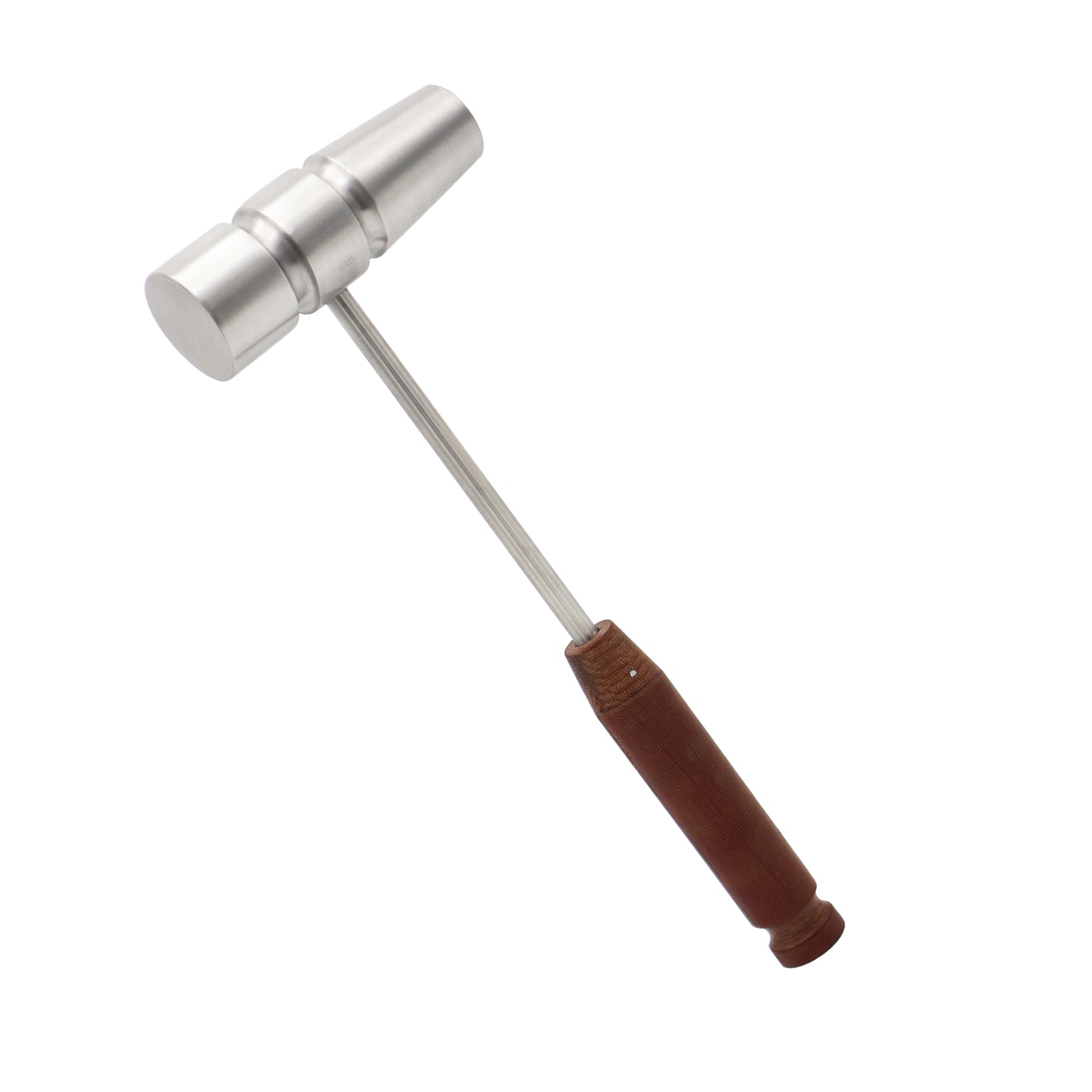 Surgical-grade stainless steel orthopedic bone mallet featuring a disc-shaped heavy head and an ergonomic, grooved brown phenolic fiber handle, used for controlled force in surgical procedures.