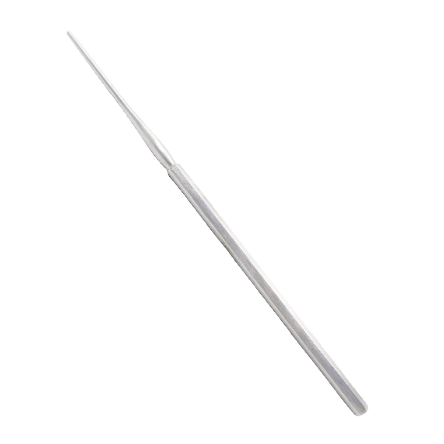 A long, slender stainless steel surgical instrument with a tapered, pointed tip and a rounded handle, typically used for delicate ear surgeries.