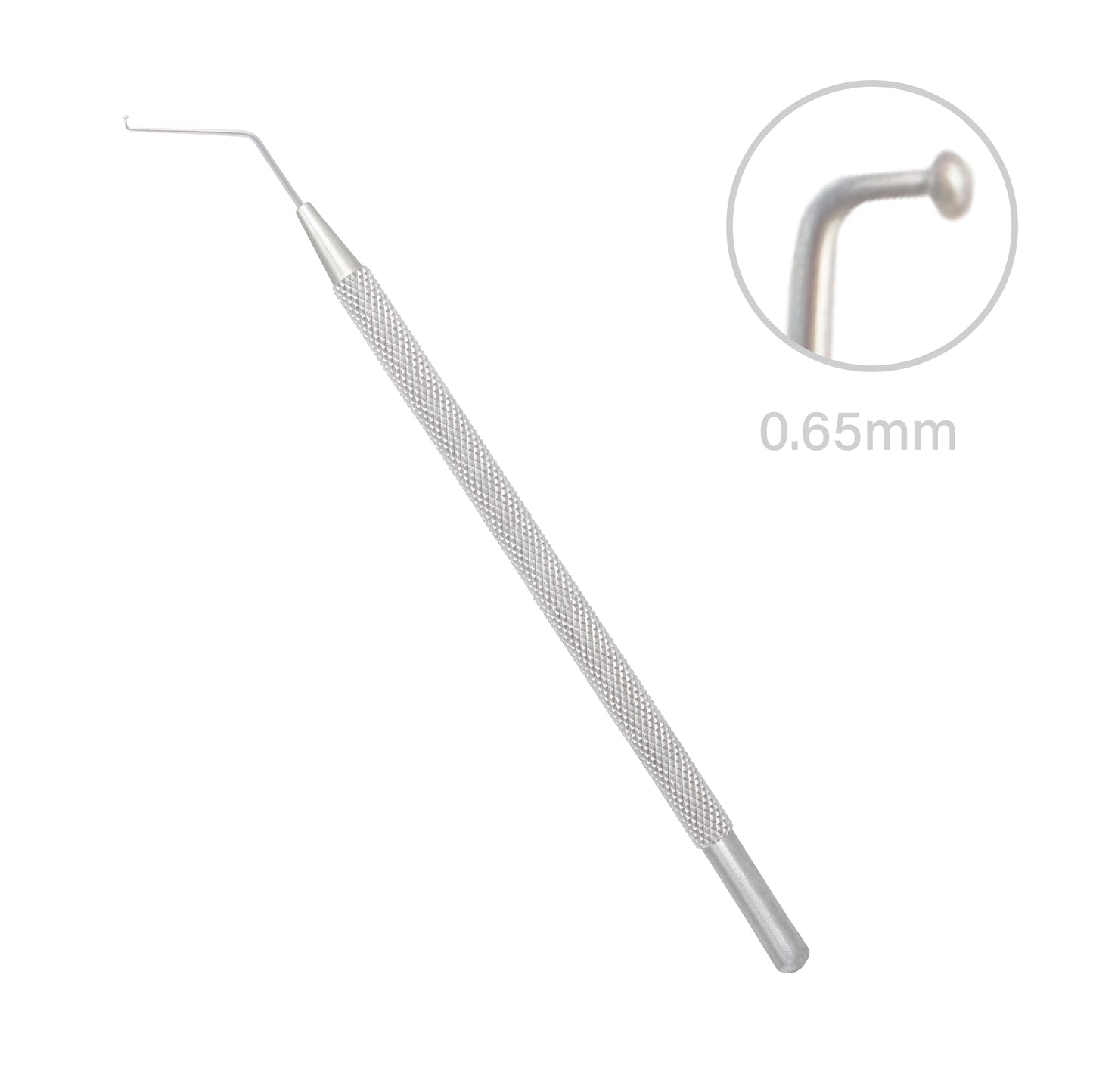 Mushroom, Nucleus Manipulator, 0.65 mm, hemi-Ball Tip, Angled, Overall Length 12.5 cm