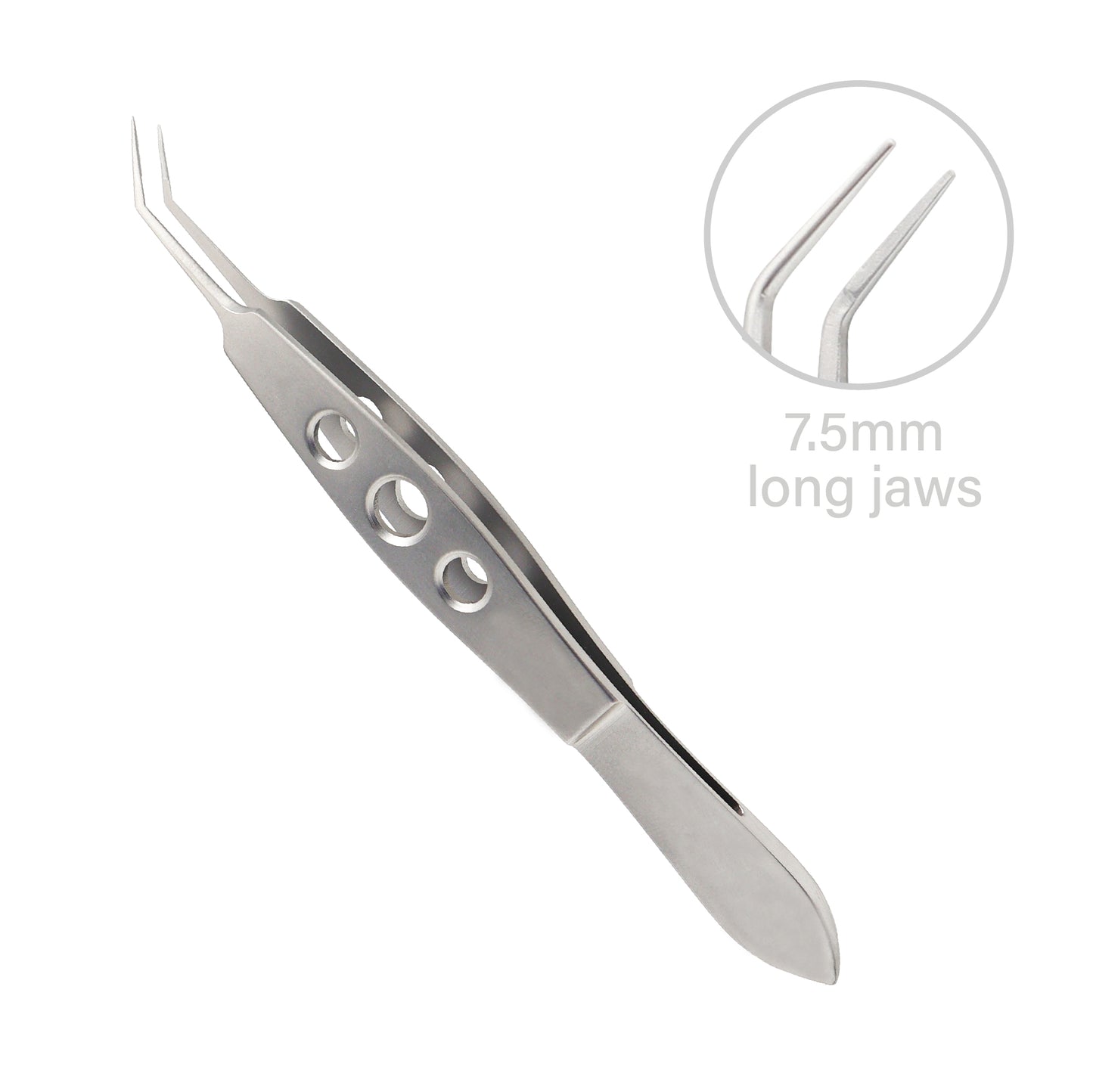 McPherson Lens Holding Ophthalmic forceps, 7.5mm long jaws, angled, very delicate, overall length 10.5cm
