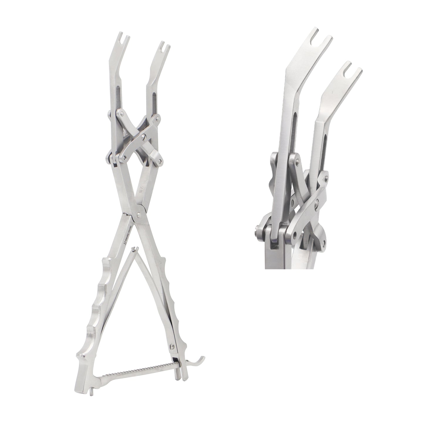 Two views of a medical-grade stainless steel parallel rod compressor instrument featuring a scissor-action squeeze handle, spring lever mechanism, and angled dual-prong jaws used in orthopedic spine surgery.
