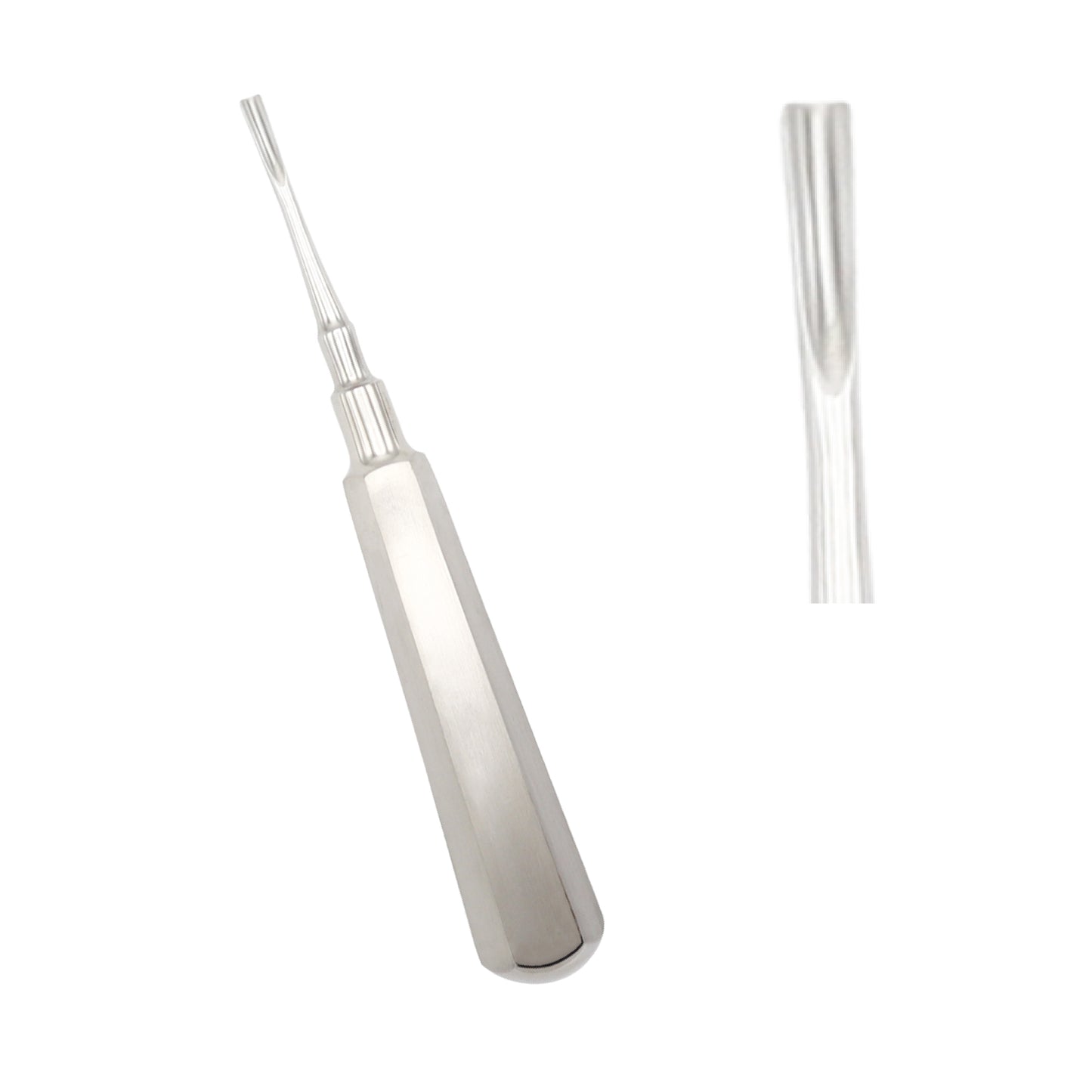 A stainless steel Coupland dental root elevator surgical instrument with a wide, smooth ergonomic handle and a straight chisel-like extraction tip, shown alongside a close-up visual of its hollowed working edge against a clean white background.