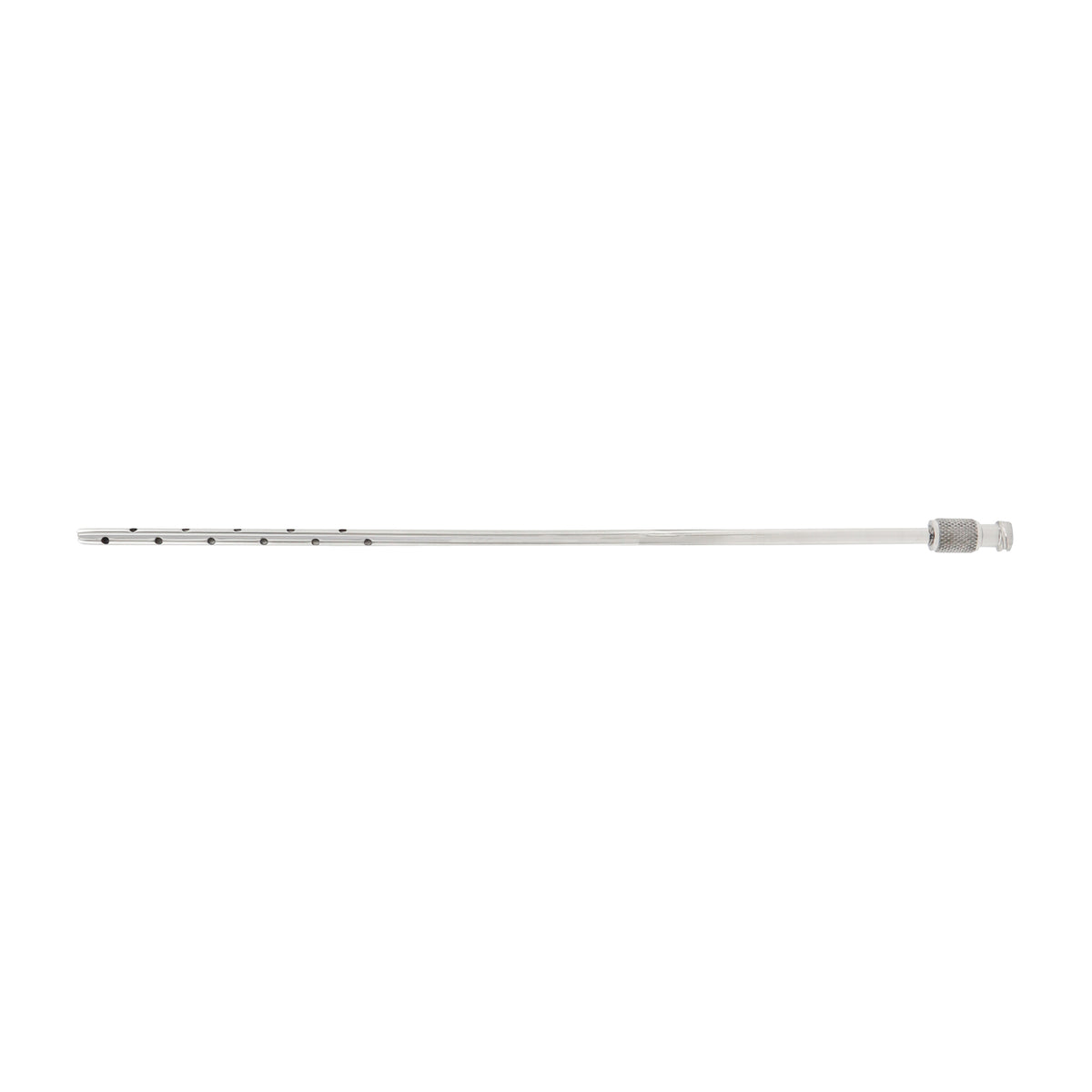 Long stainless steel multi-hole liposuction cannula with multiple suction apertures near the tip and a textured Luer-Lock hub connection on a white background.