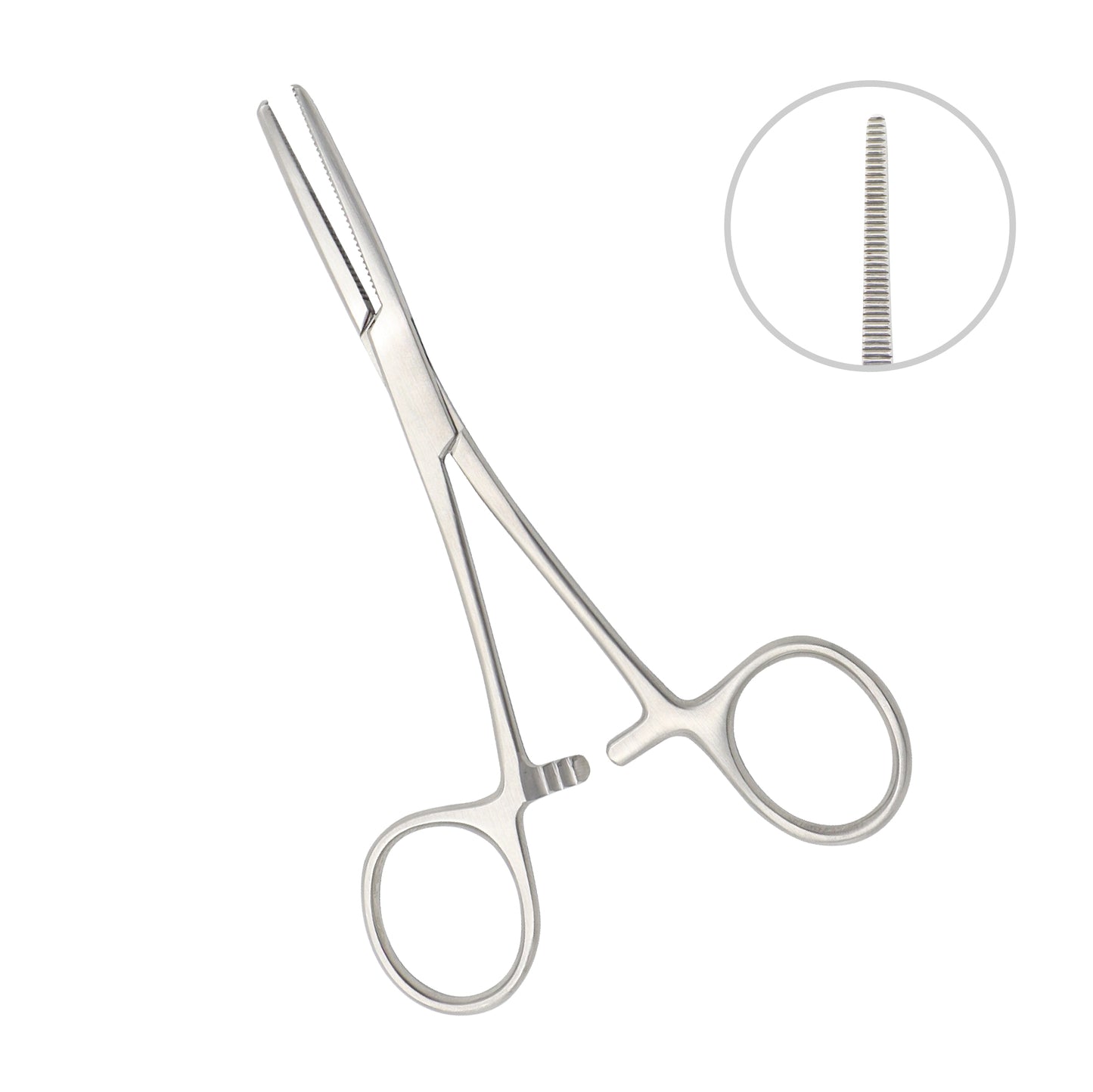 Stainless steel straight hemostatic forcep with serrated jaws and a ratchet locking handle on a white background.