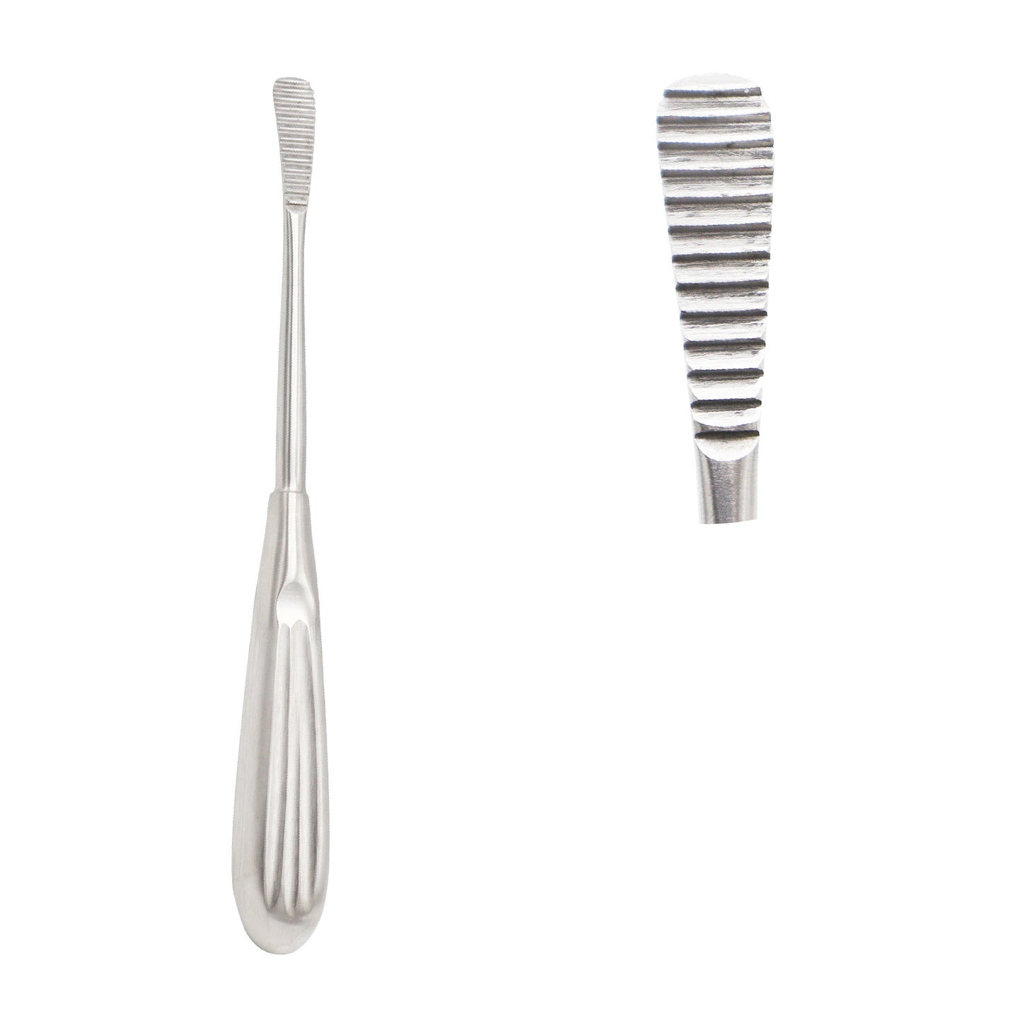 A professional grade stainless steel surgical nasal rasp bone file, featuring a grooved ergonomic handle on the left and a detailed macro shot of the textured horizontal serrated file blade on the right, isolated on a solid white background.