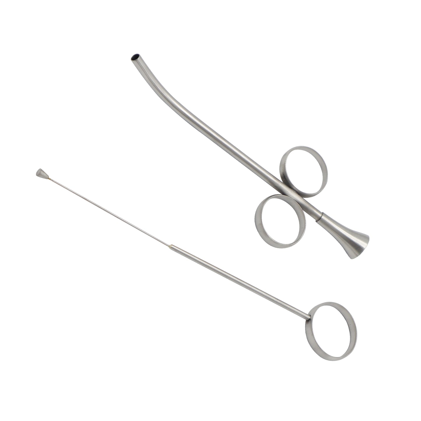 Two metal tools, one with a long shaft and circular ends, the other with a similar design but shorter, on a white background.
