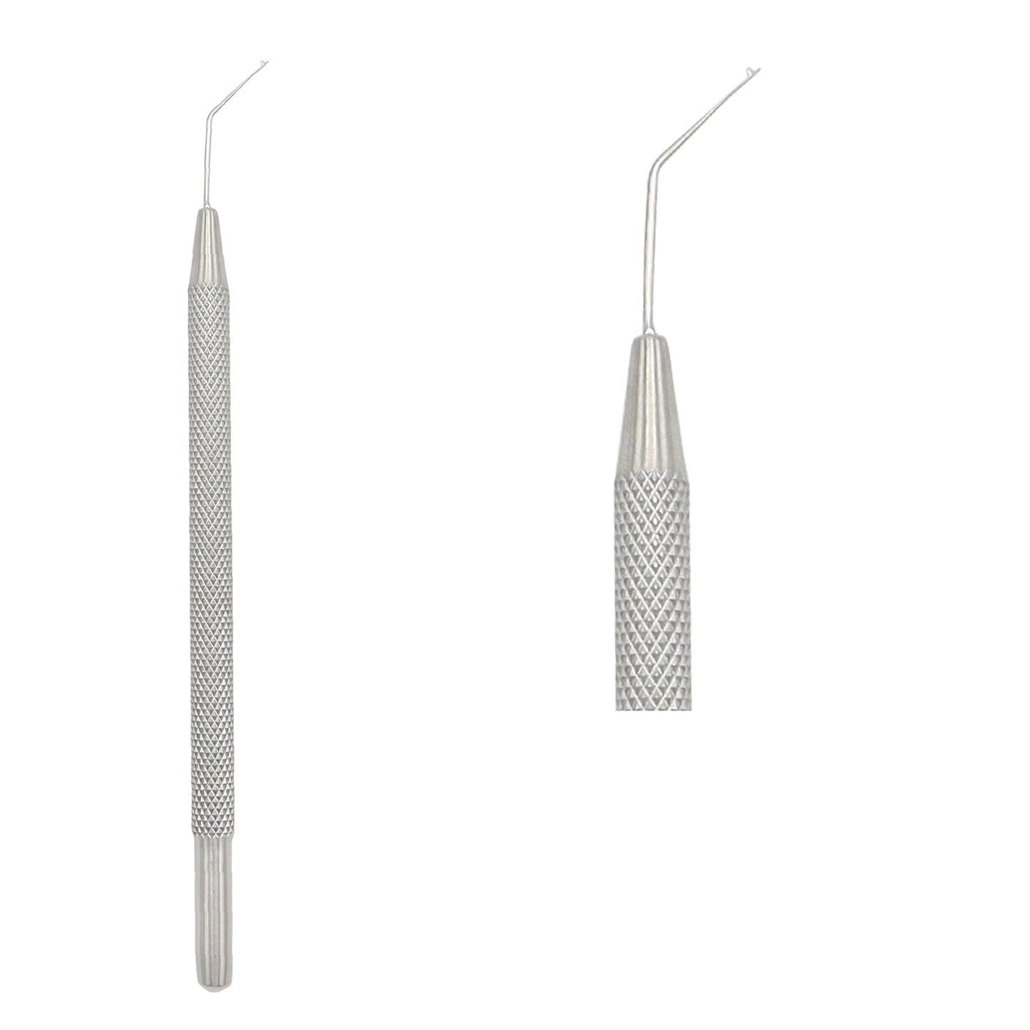 Two silver dental instruments with textured handles on a white background