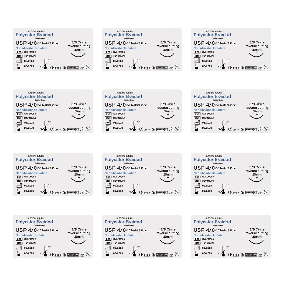 USP 4/0 Braided Polyester Surgical Sutures, 12 Piece Non-Absorbable Suture Pack