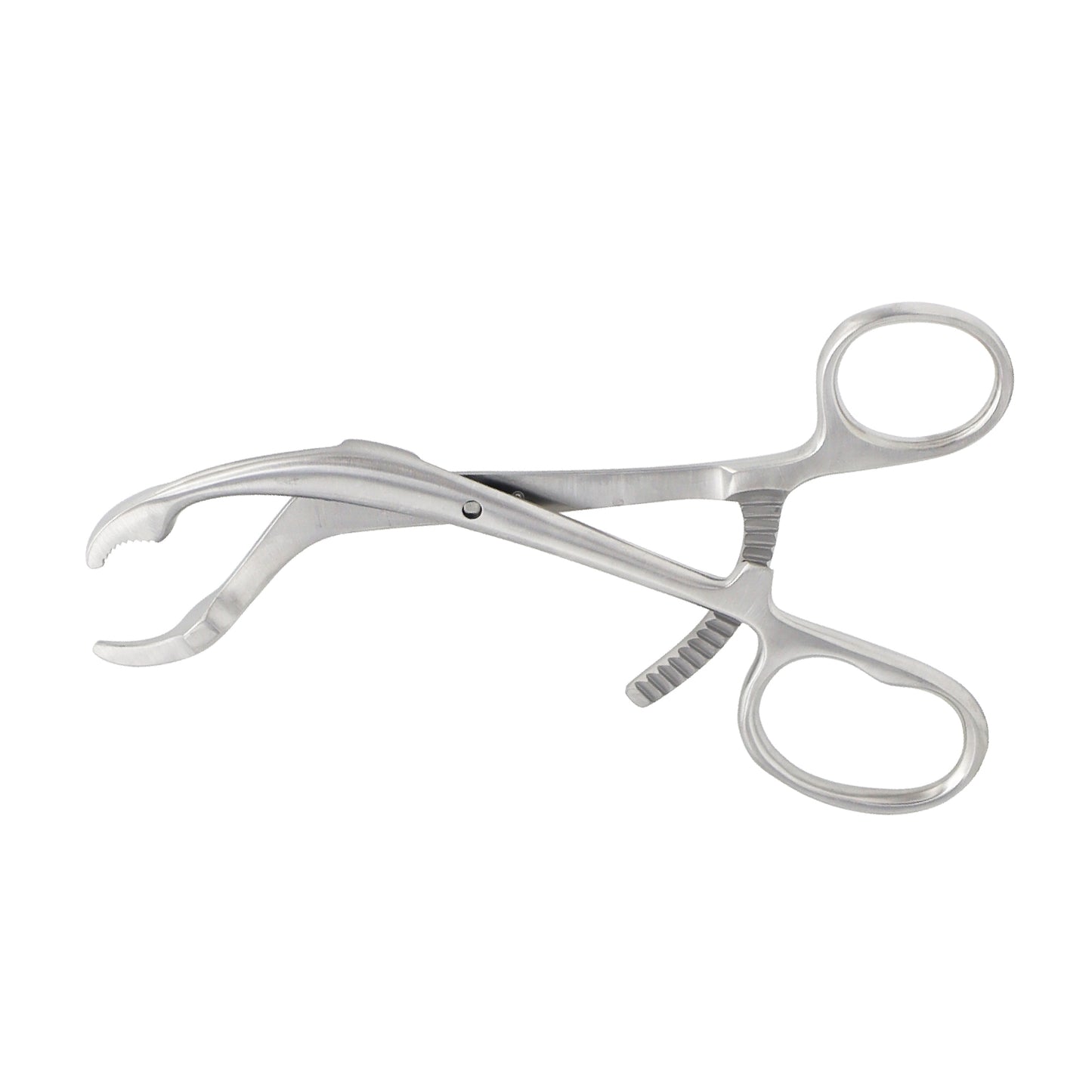 Medical-grade stainless steel Verbrugge bone holding forceps with curved serrated jaws and a multi-position ratchet lock mechanism on a white background.