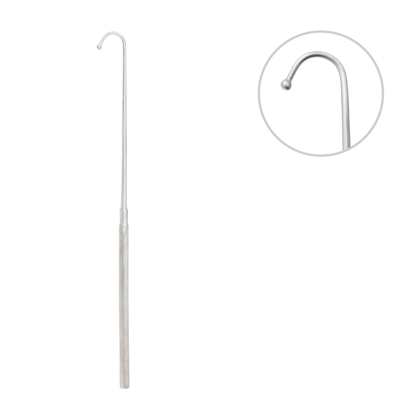 Stainless steel Covalt spay hook veterinary surgical instrument with a long handle and a curved blunt ball tip for safely locating uterine horns.