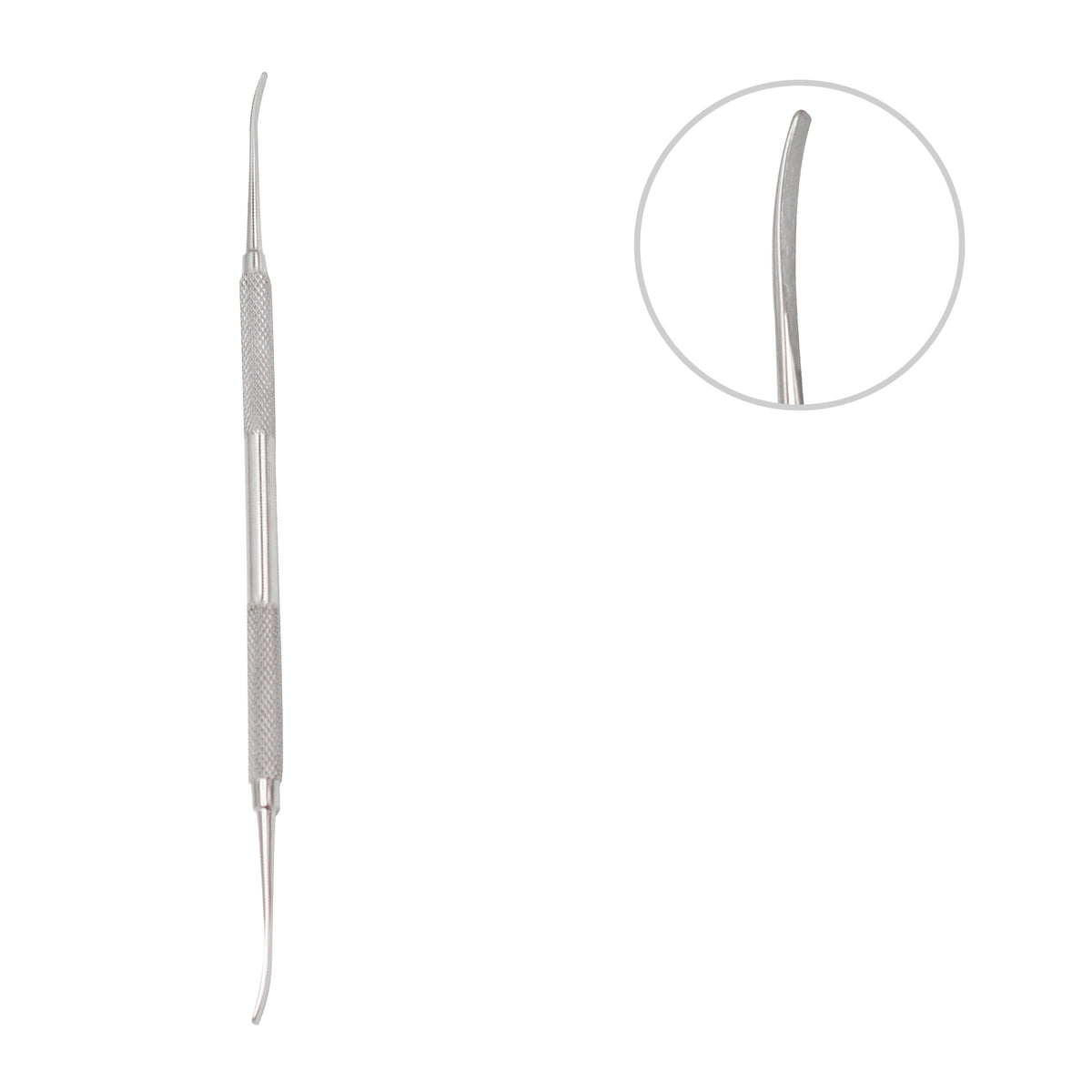 Double-ended stainless steel dental periosteal elevator with textured grips and an inset close-up view of the curved, rounded tip.