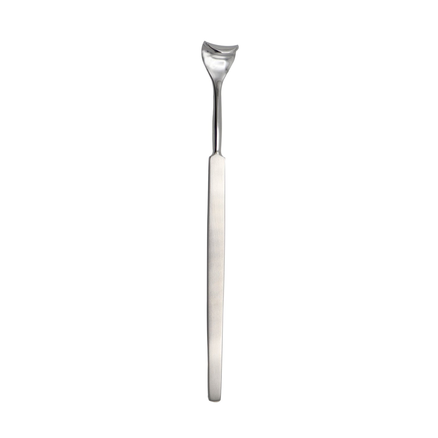 A stainless steel Desmarres Lid Retractor with a long flat handle and a curved, concave blade designed for eyelid retraction.