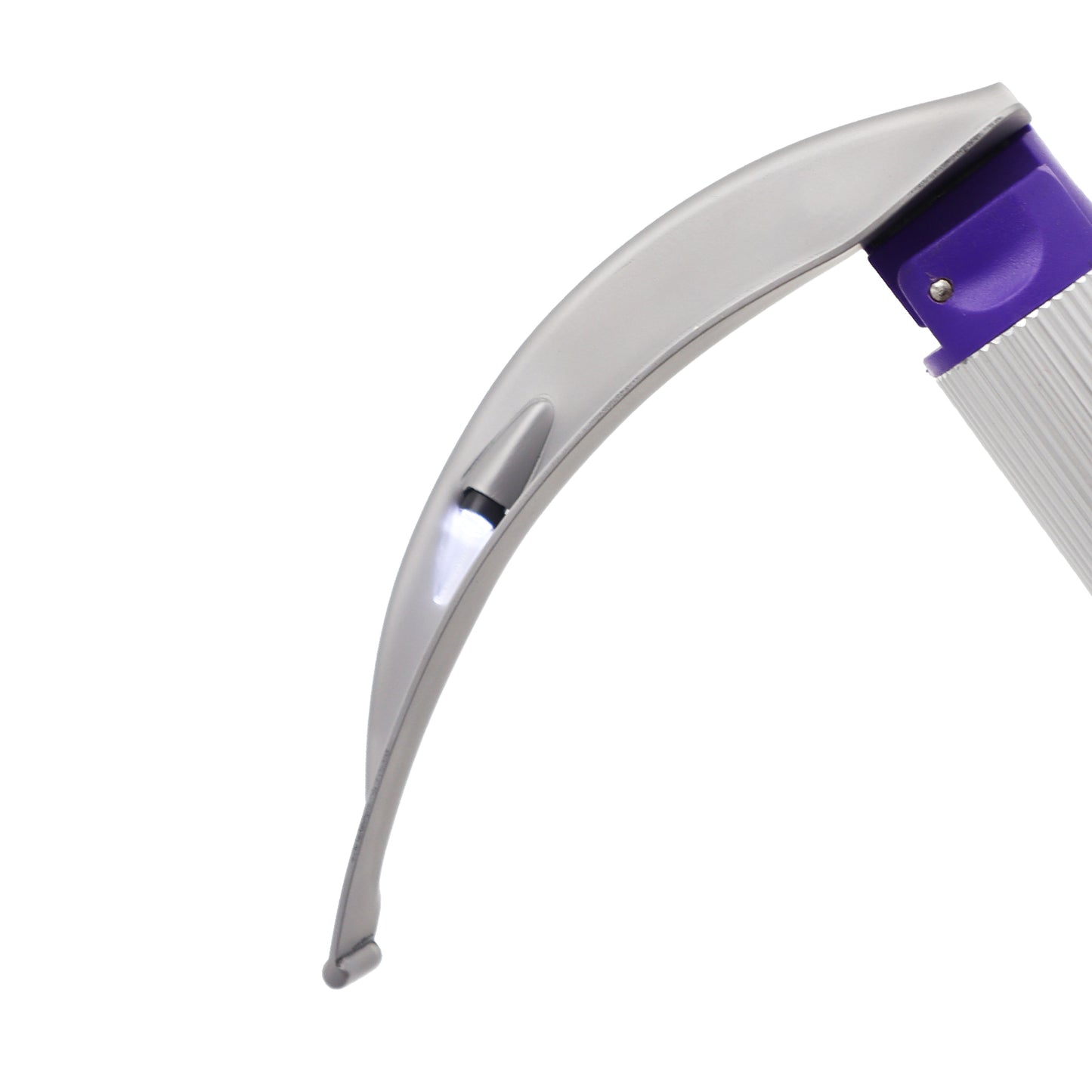 Disposable LED Macintosh Laryngoscope with white and purple handle design, isolated on a white background for airway management use.