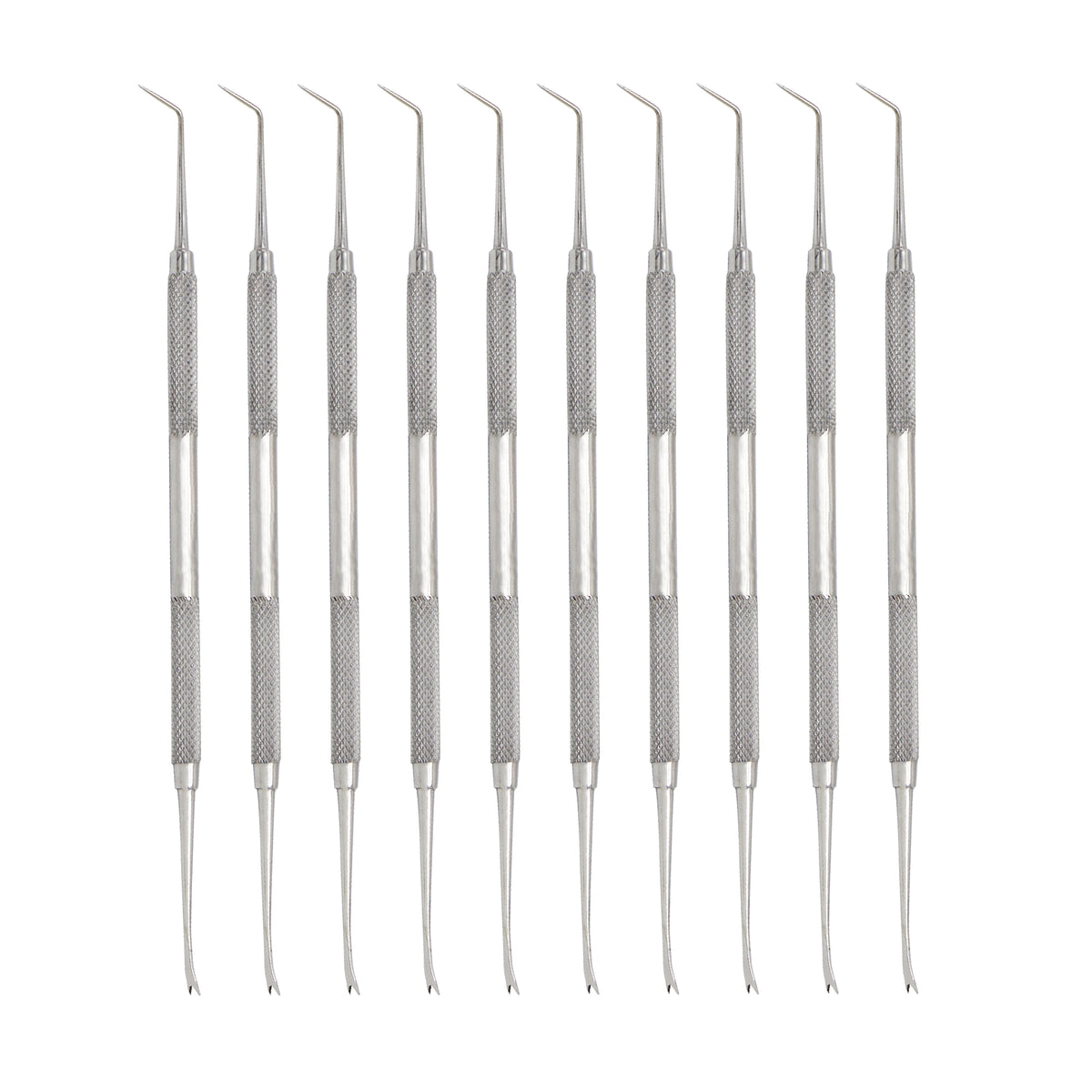 Set of ten stainless steel double-ended dental explorer diagnostic probes with textured non-slip grips arranged in a neat row against a plain white background.