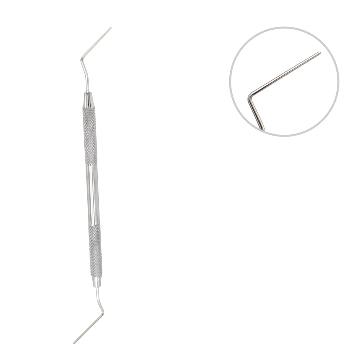 Double-ended stainless steel DG16 endodontic explorer probe dental instrument with a knurled grip handle, featuring a close-up circle highlighting the sharp, straight angled tip used for locating root canal orifices.