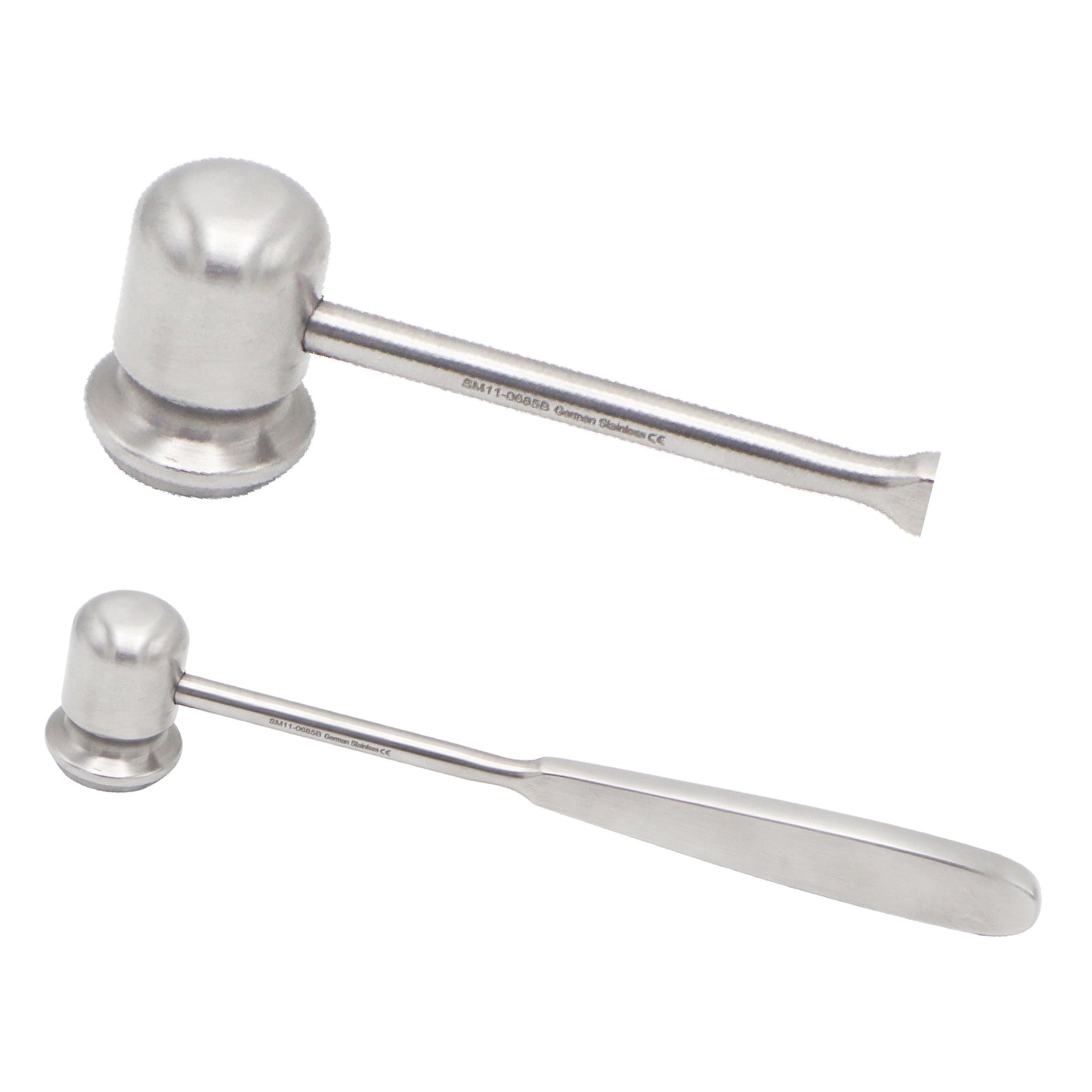Stainless steel Doyen bone mallet with a bullet-shaped head and a flat handle, shown from two different angles on a white background.