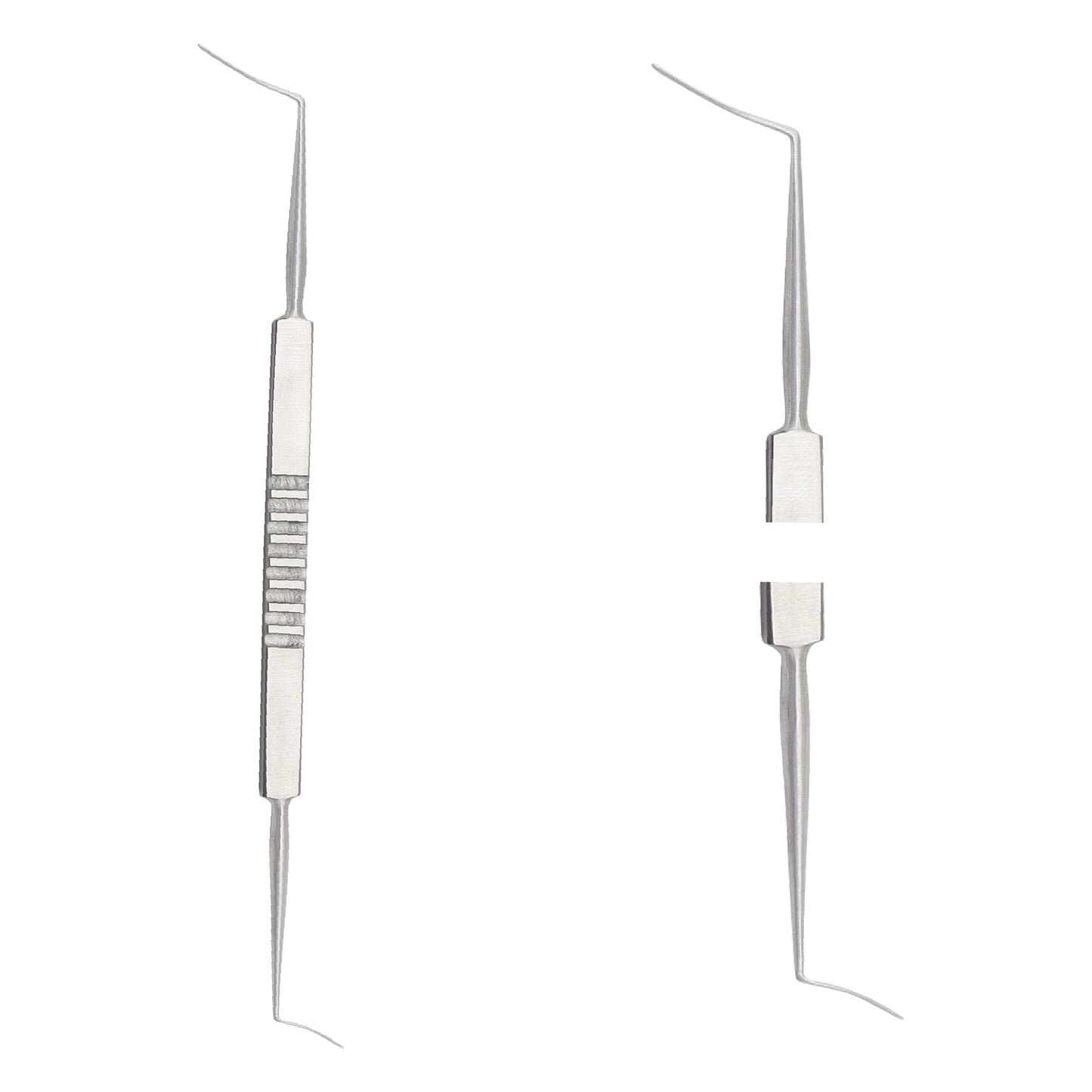 A stainless steel dual-ended dental explorer probe alongside its detached component parts on a clean white background.