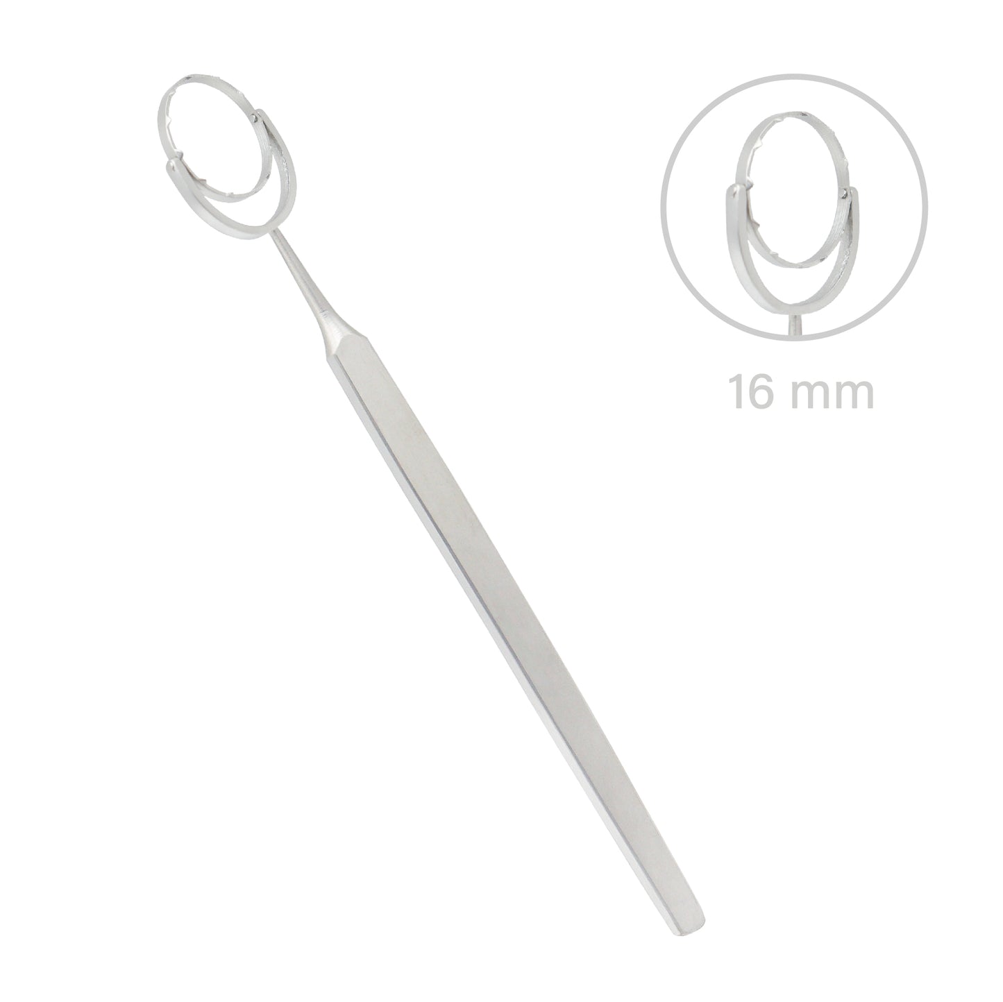 Hofmann-Thornton Fixation Ring with flat handle used for controlled ocular tissue fixation during ophthalmic procedures