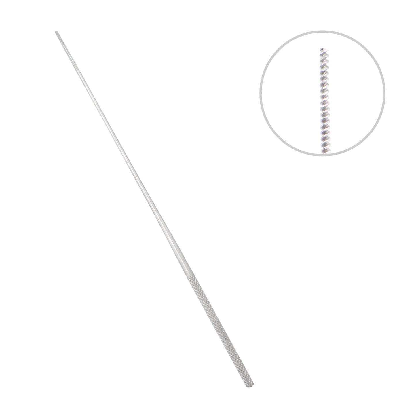 Surgical stainless steel Farrell cotton applicator for ENT procedures with a close up circular cutout showing the cross serrated tip.