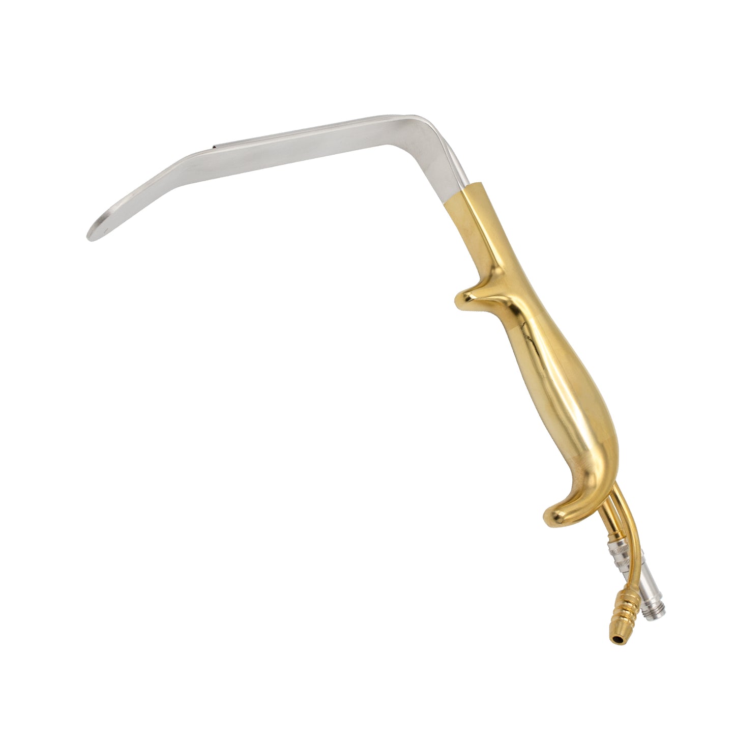 Ferreira breast retractor with gold-plated ergonomic handle, fiber optic light guide, and suction tube.