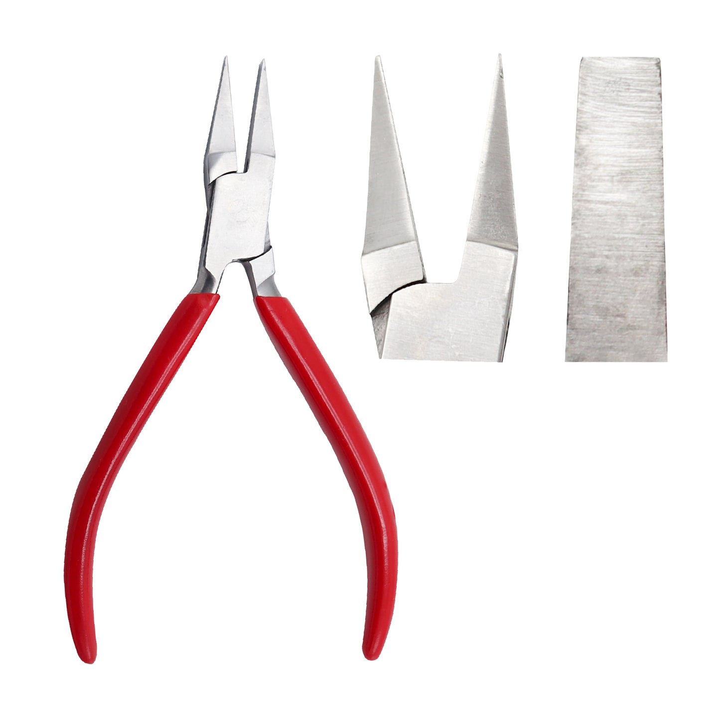 Professional flat-nose jewelry pliers featuring smooth internal jaws for precision wire bending, red PVC-coated ergonomic handles, and a double-leaf spring mechanism for comfortable use.