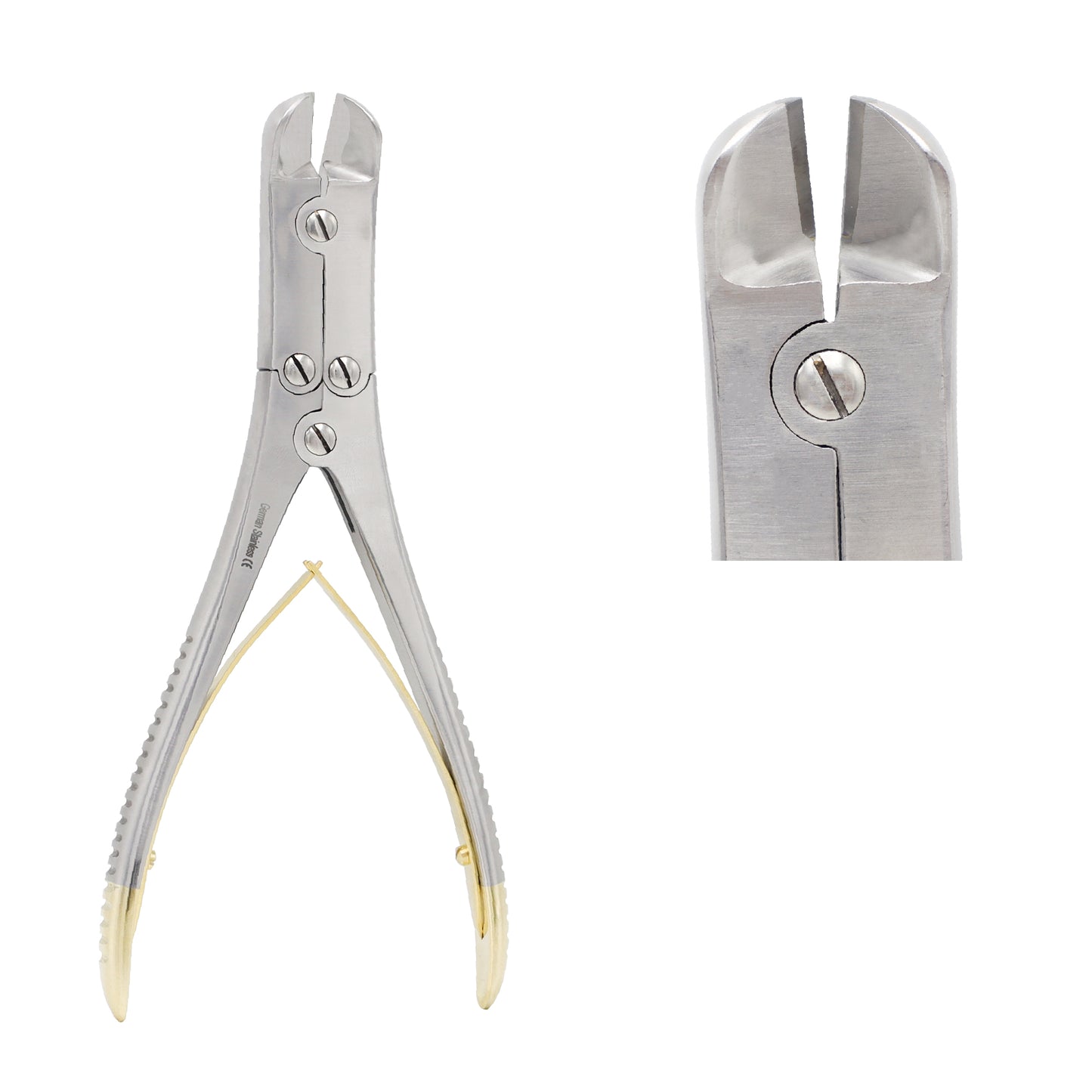 Double-action orthopedic flush wire and pin cutter with tungsten carbide gold-plated handles on a white background.